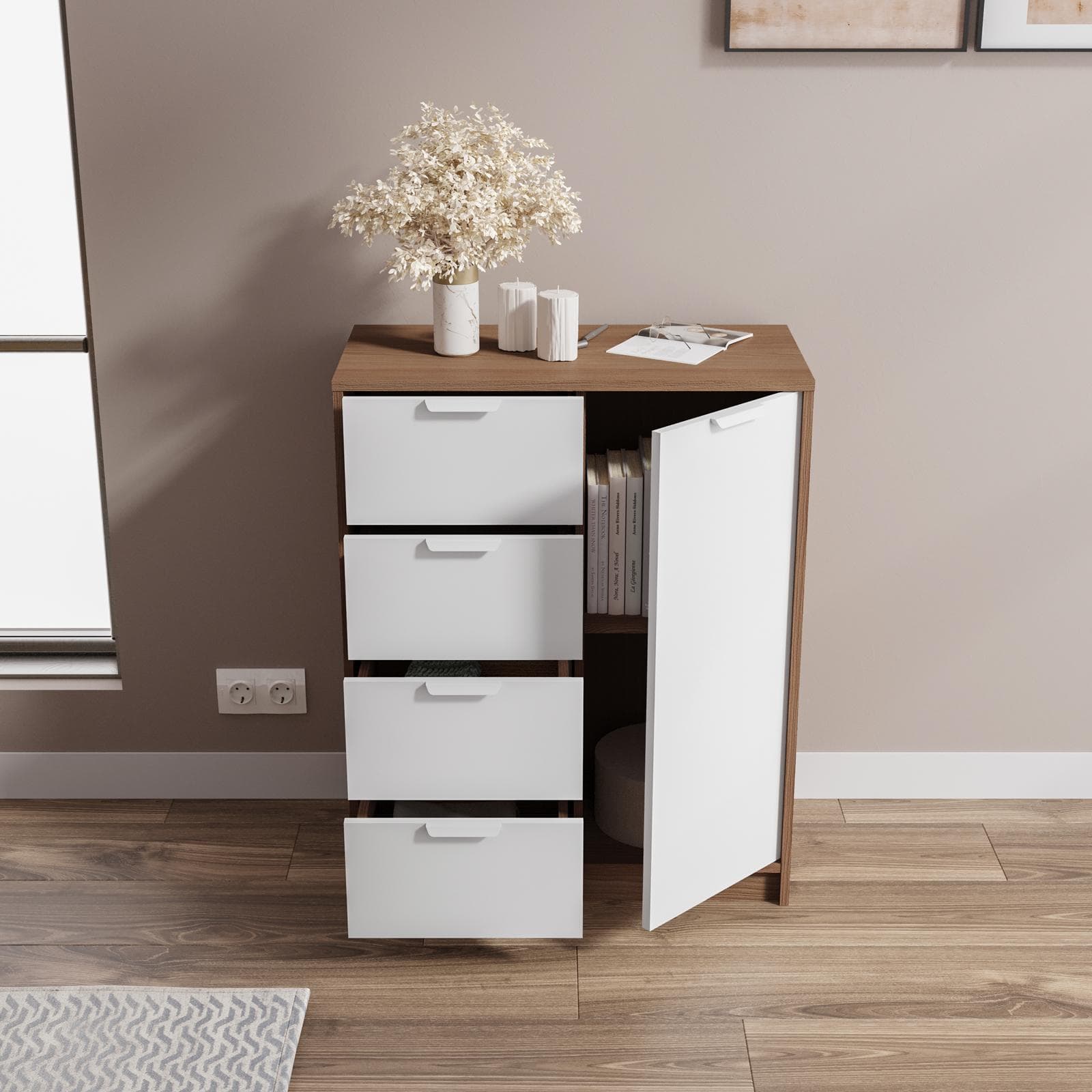 Madia 79x88h cm in legno bianco e rovere con 1 anta e 4 cassetti - Aubin