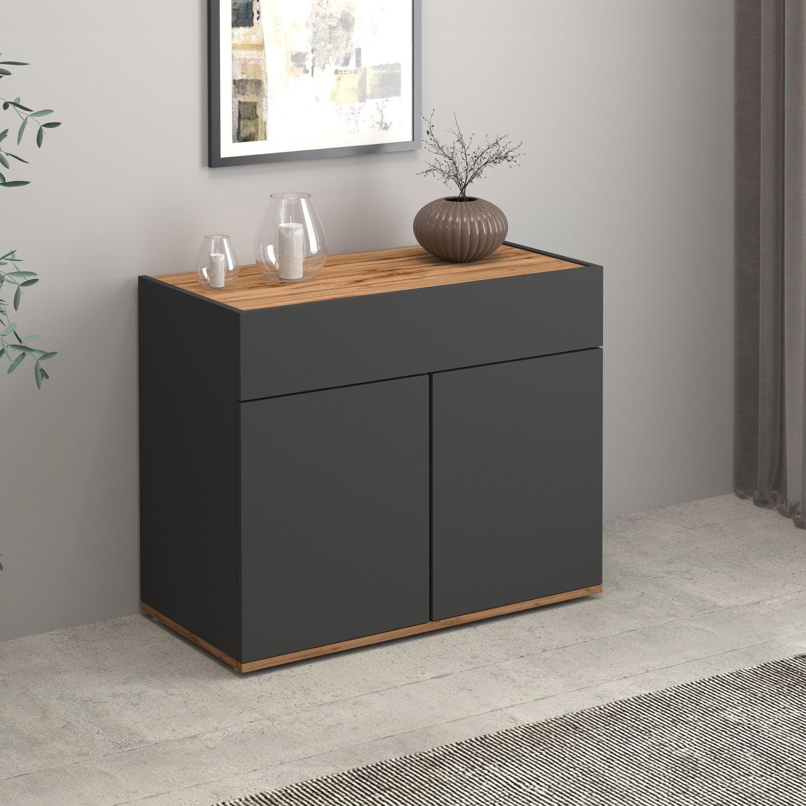 Madia 80x70h cm antracite opaco top rovere wotan con 2 ante 1 cassetto - Loira