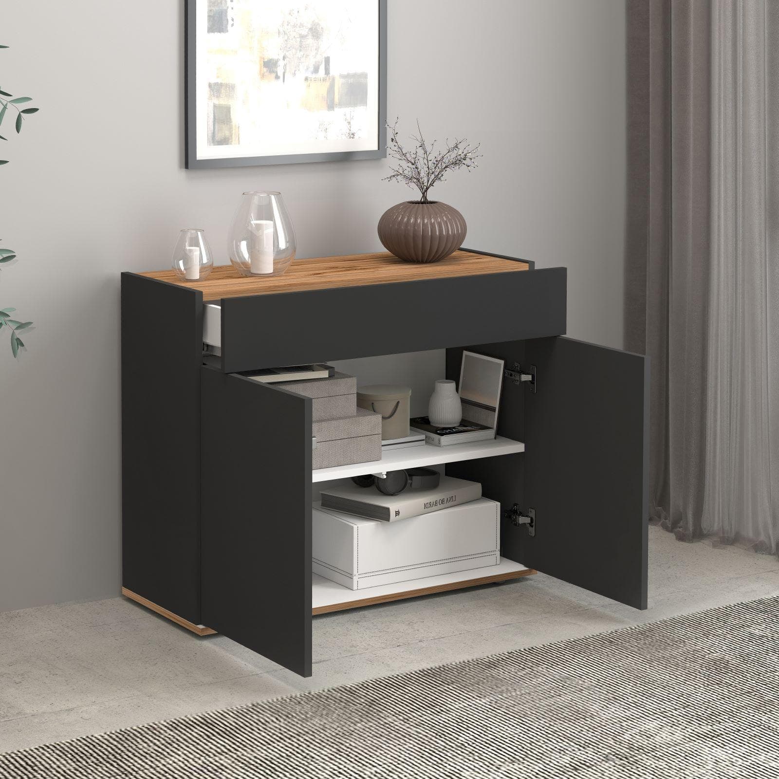 Madia 80x70h cm antracite opaco top rovere wotan con 2 ante 1 cassetto - Loira