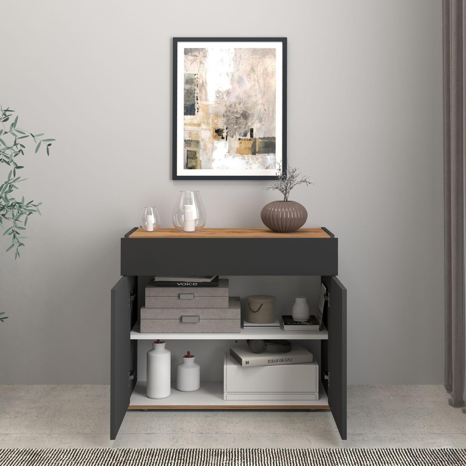 Madia 80x70h cm antracite opaco top rovere wotan con 2 ante 1 cassetto - Loira