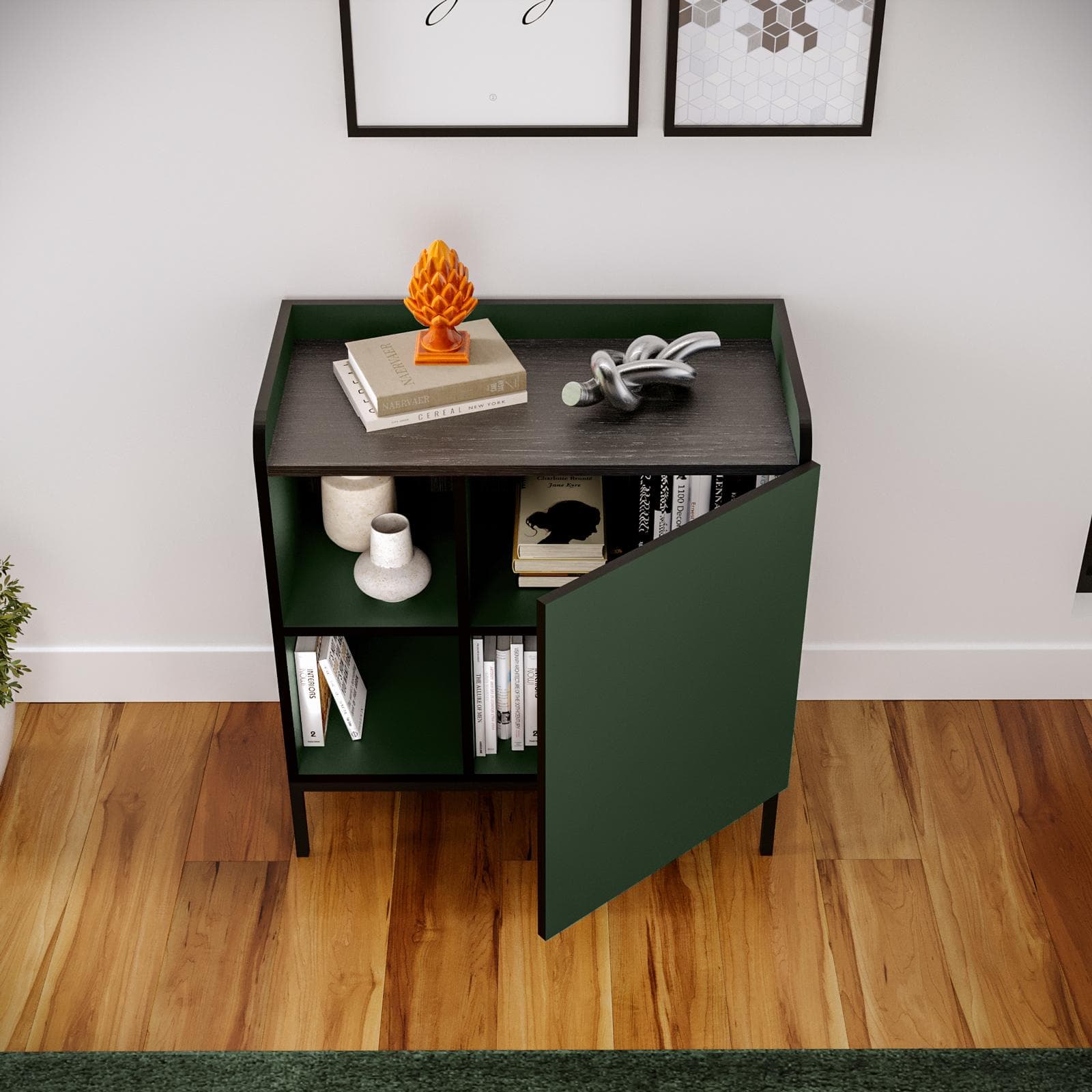 Madia 80x85h cm verde con 1 anta e 2 vani a giorno e gambe in metallo nero - Jewel