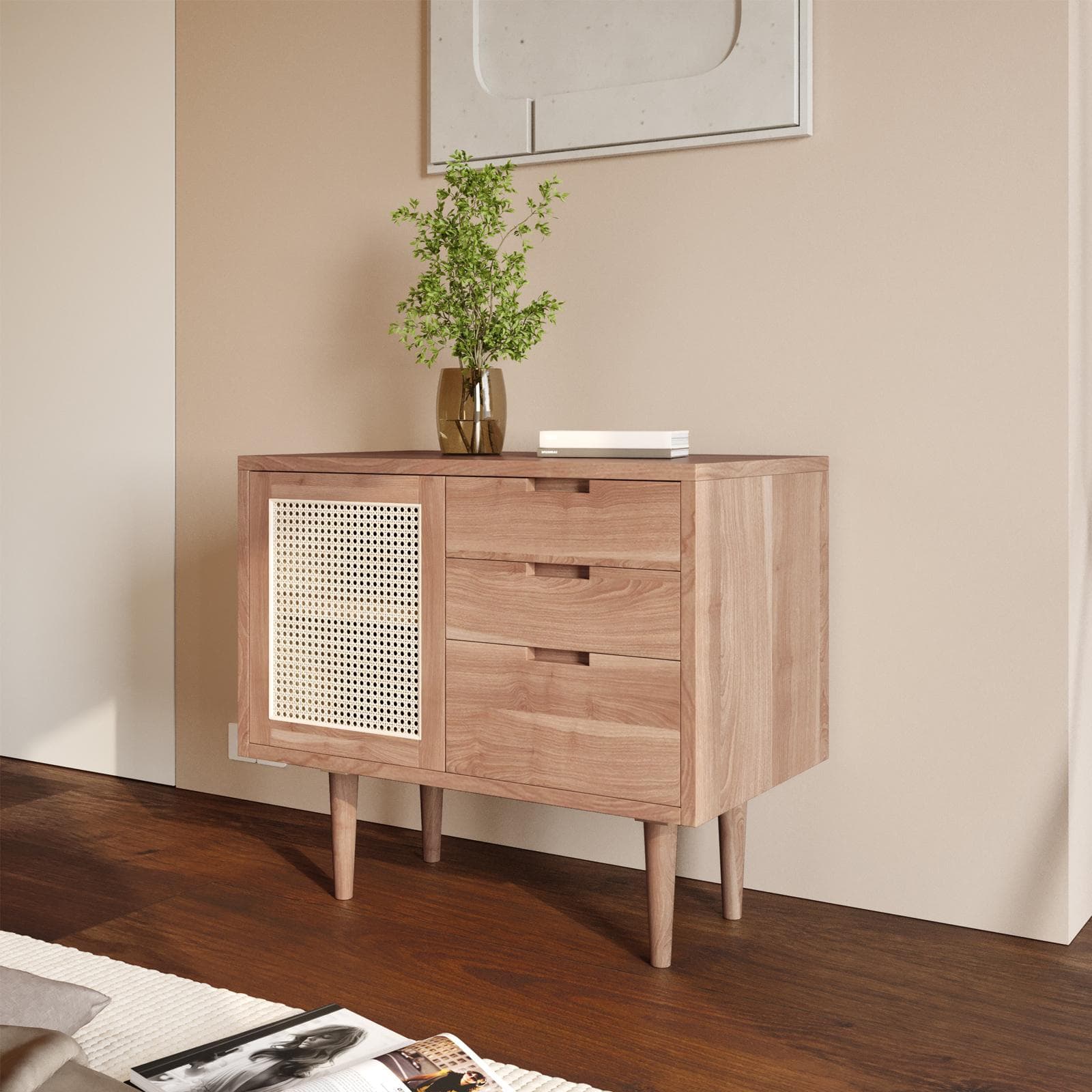 Madia 85 cm con un'anta e 3 cassetti in teak naturale e paglia di vienna - Malindi