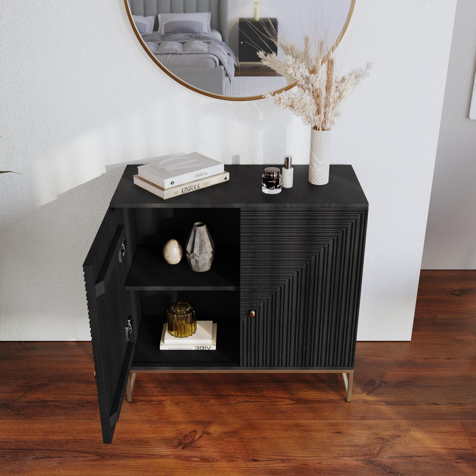 Madia 85x80 cm in legno di mango nero cannettato e metallo oro - Dunkel