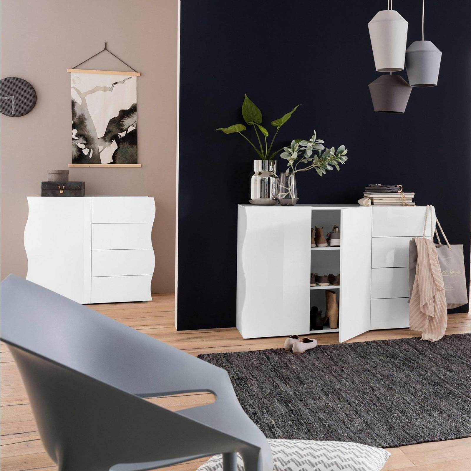 Mobile multiuso 90x81h cm con un'anta e 4 cassetti in legno bianco lucido - Moss