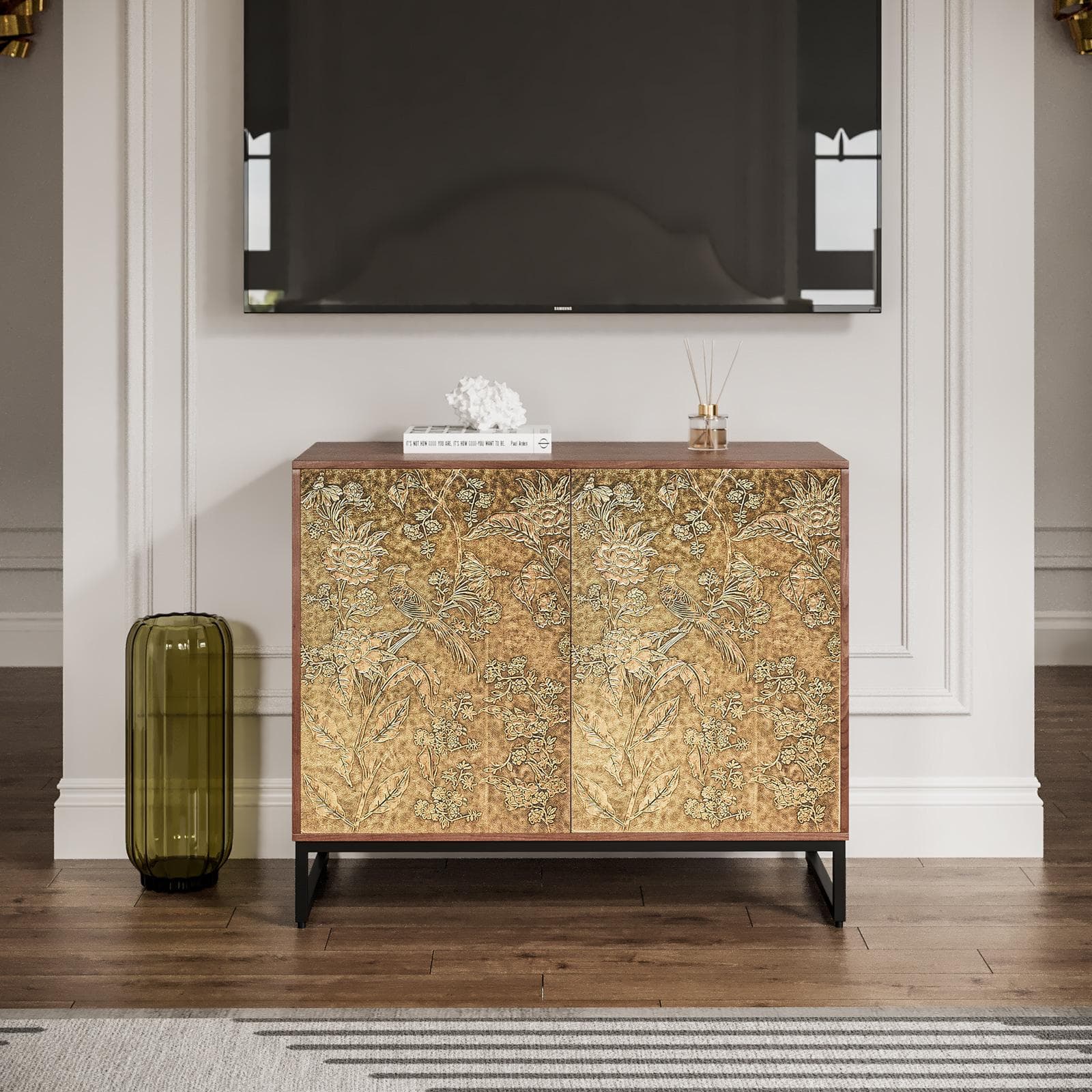 Madia 95x80h cm in legno di mango con 2 ante rivestite in ottone decorato - Gallia