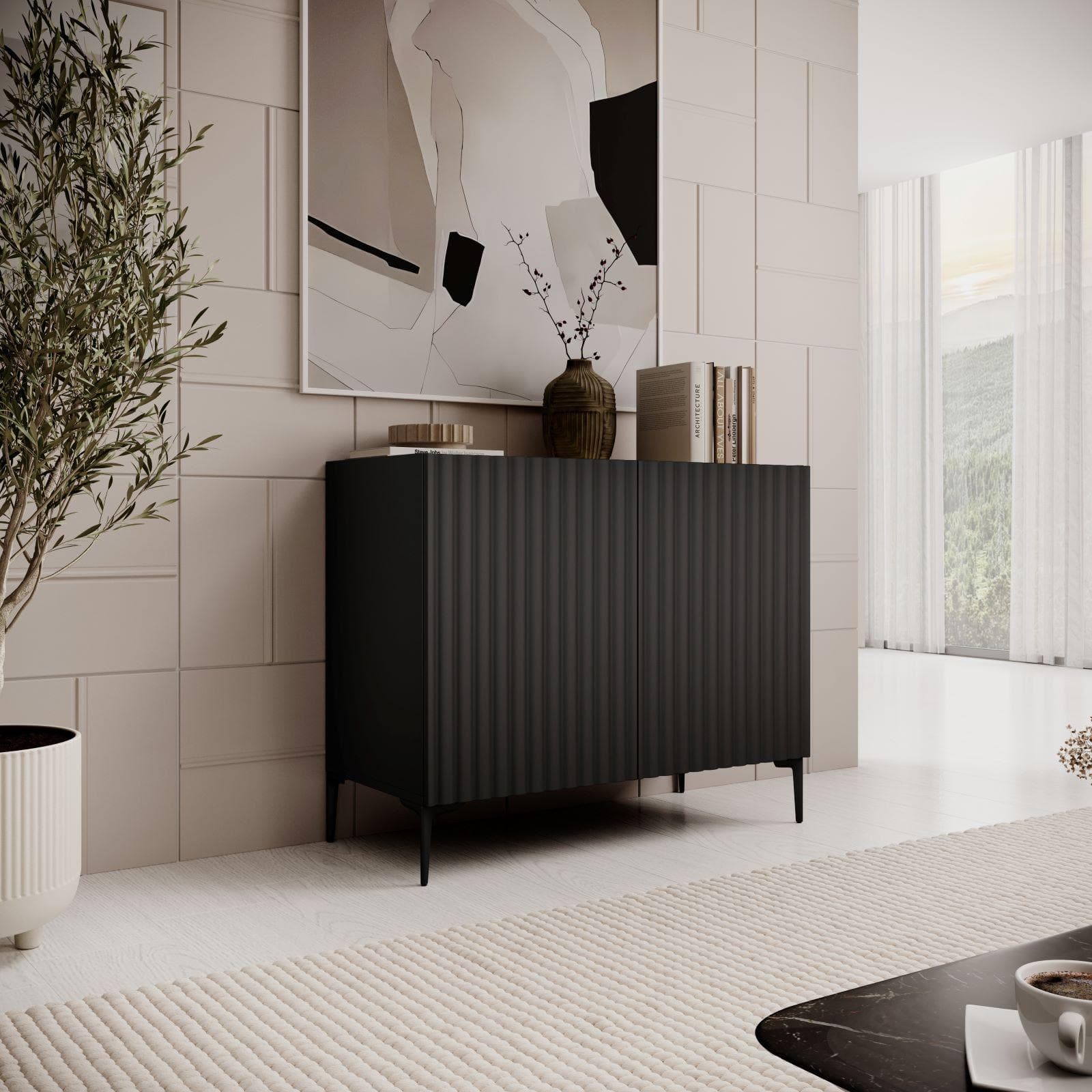 Madia 98x81h cm top effetto rovere e 2 ante nero cannettato ad onda - Isolde