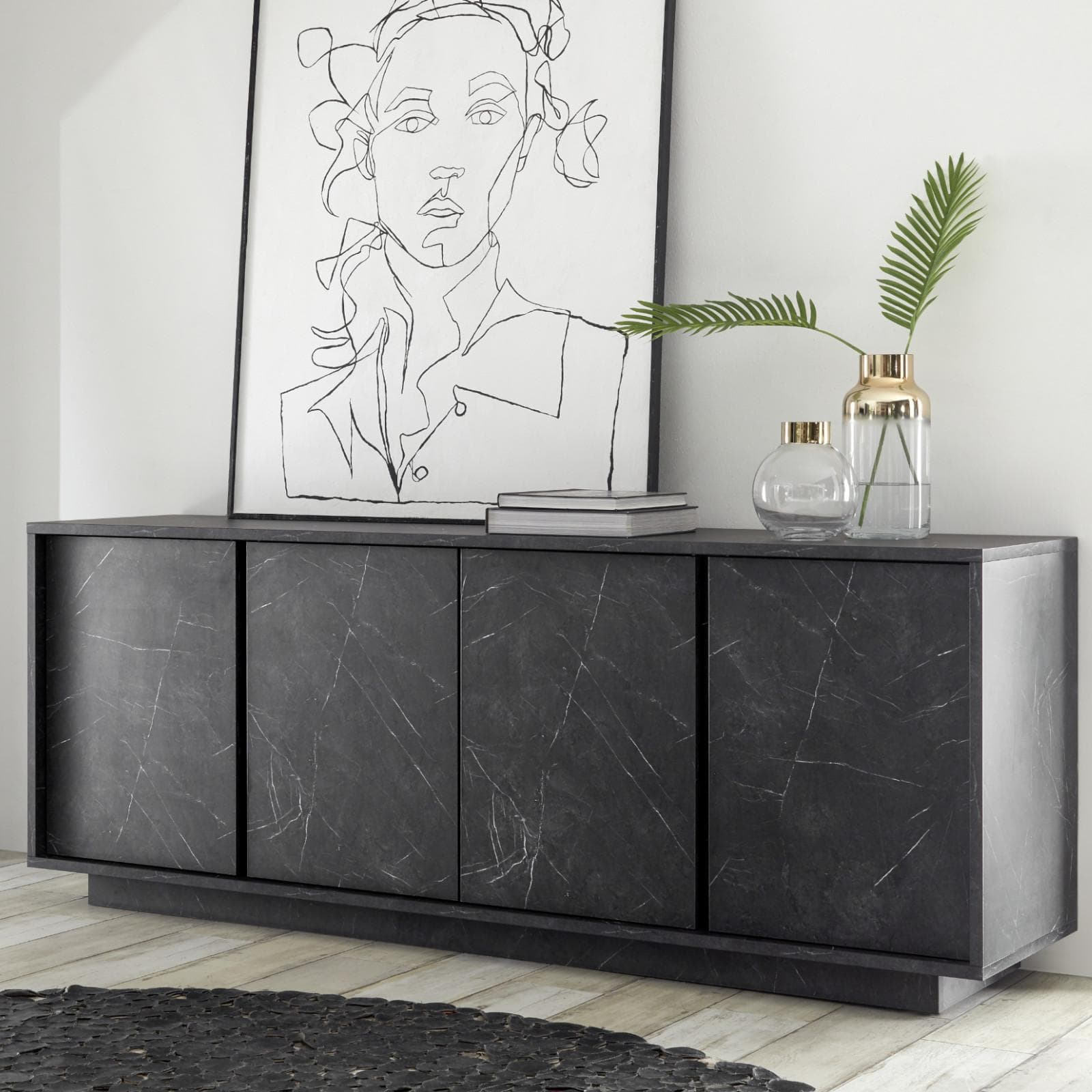 Madia da 180 cm con quattro ante in legno nero effetto marmo - Auriga