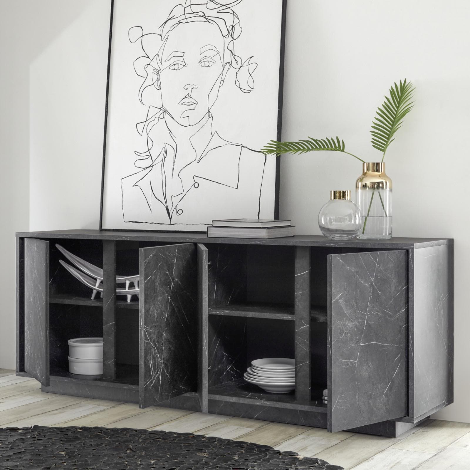 Madia da 180 cm con quattro ante in legno nero effetto marmo - Auriga