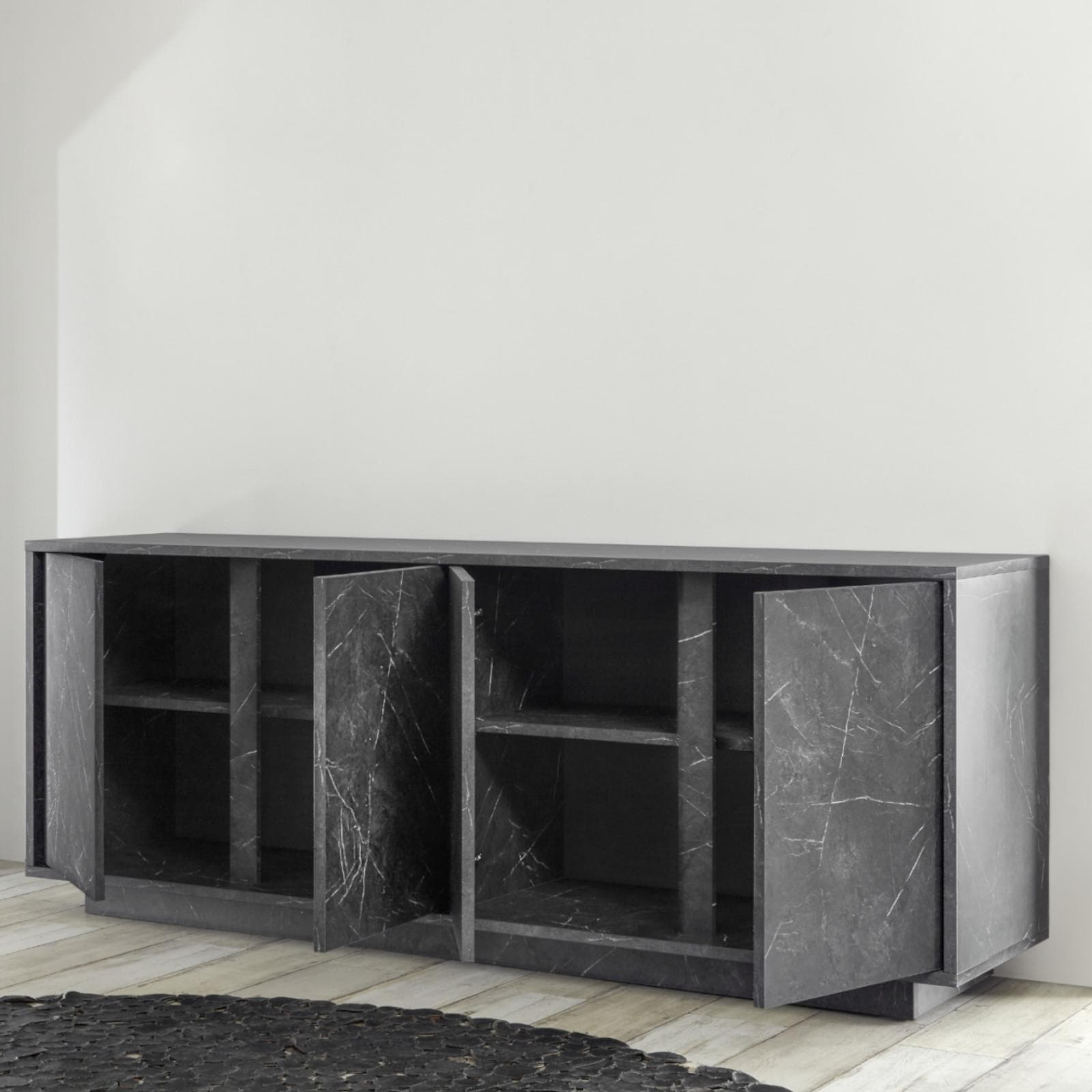 Madia da 180 cm con quattro ante in legno nero effetto marmo - Auriga
