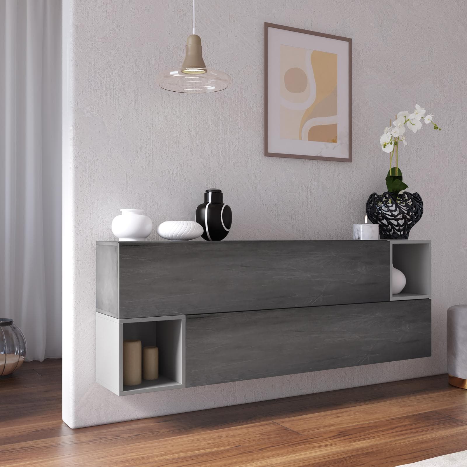 Madia sospesa reversibile 166x58h cm 2 ante ardesia e 2 vani a giorno piombo - Clary