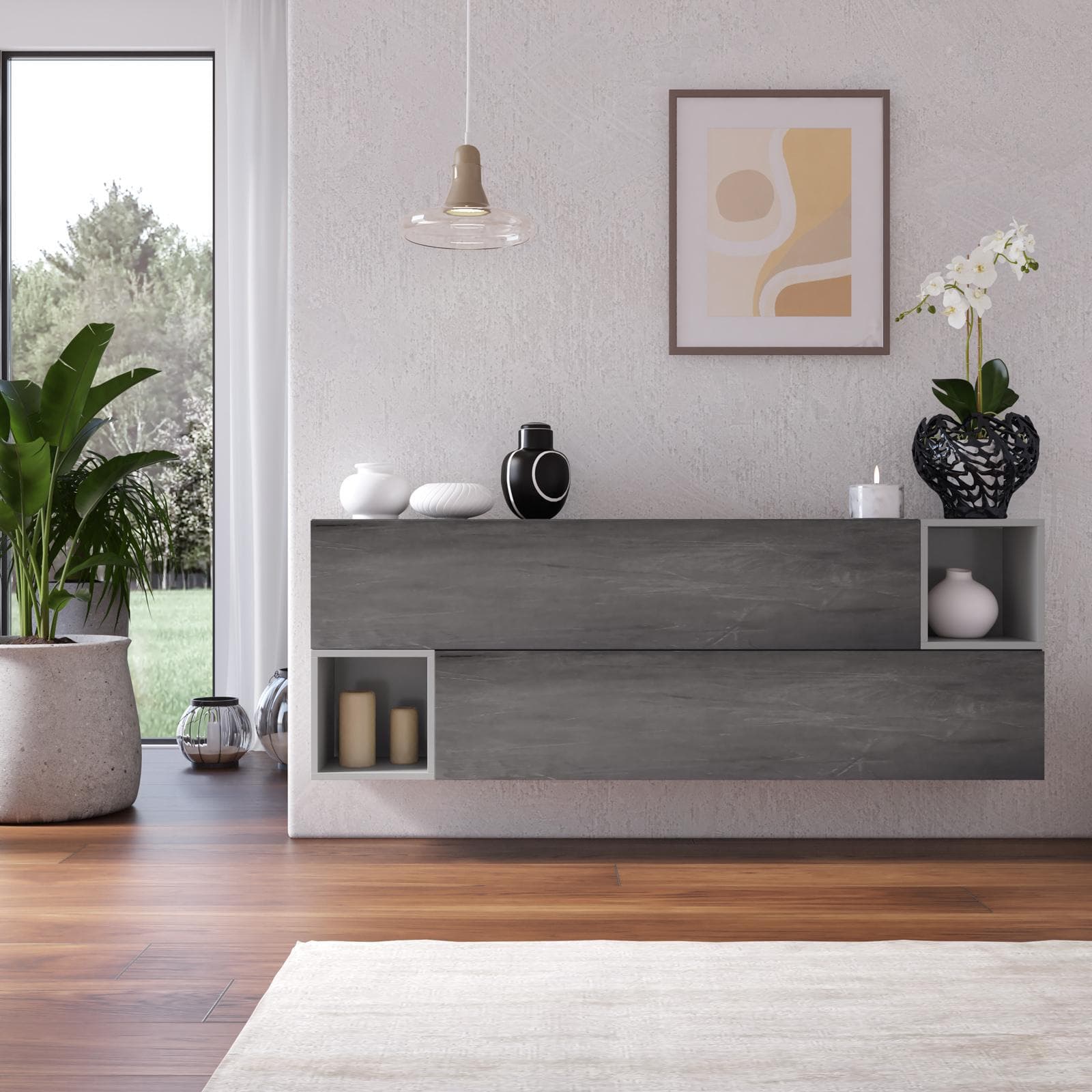 Madia sospesa reversibile 166x58h cm 2 ante ardesia e 2 vani a giorno piombo - Clary