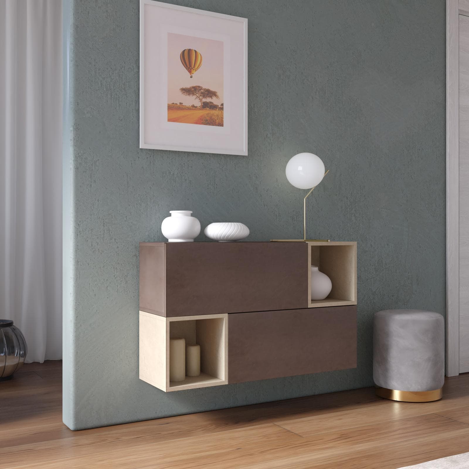 Madia sospesa reversibile 97x58h cm 2 ante bronzo e 2 vani a giorno argilla - Clary