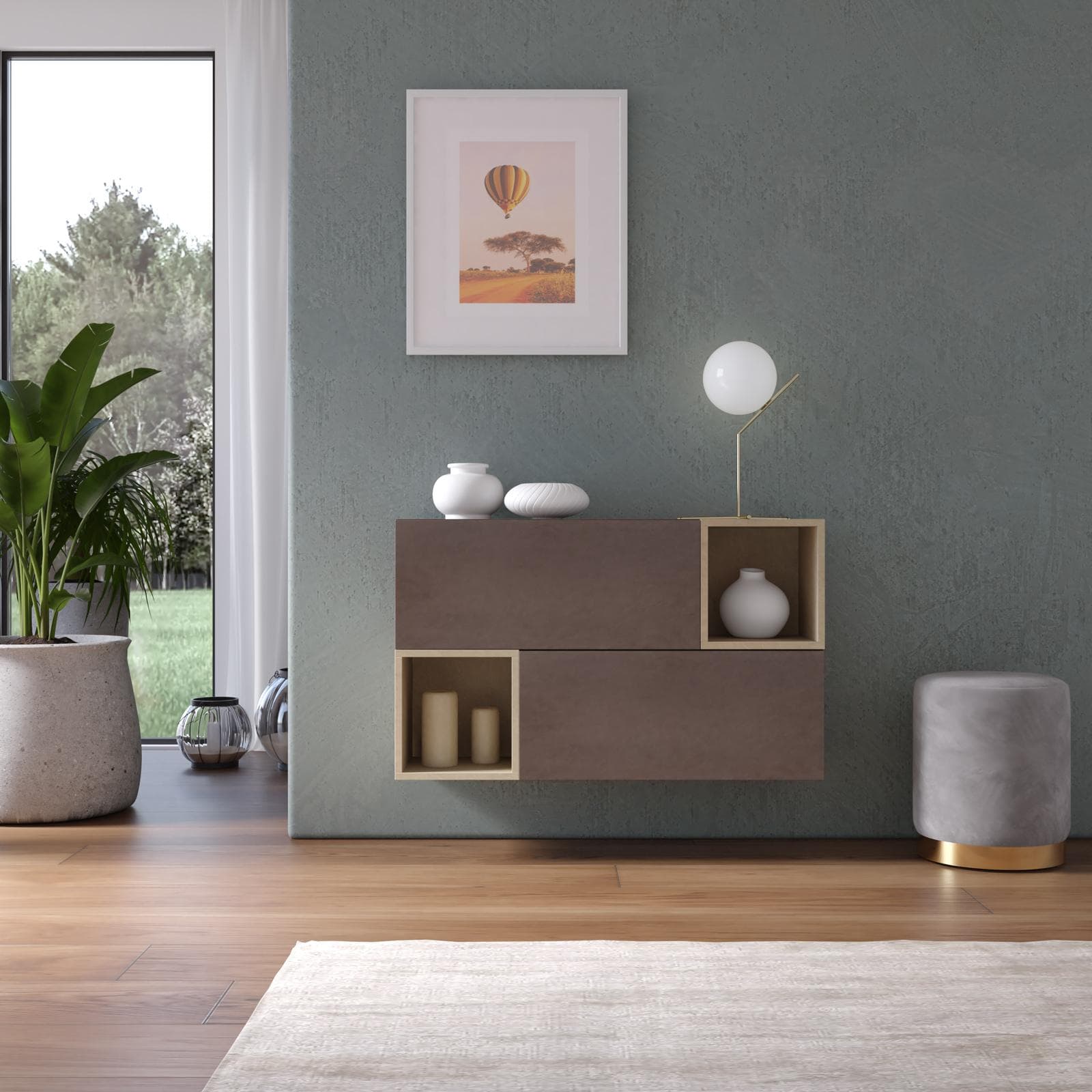Madia sospesa reversibile 97x58h cm 2 ante bronzo e 2 vani a giorno argilla - Clary