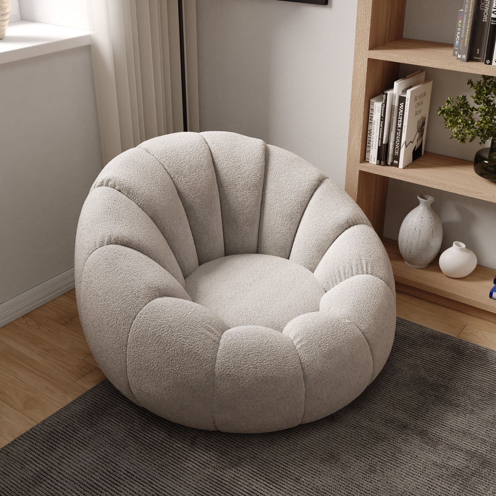 Maxi poltrona girevole a fiore bouclé bianco e grigio chiaro - Silas