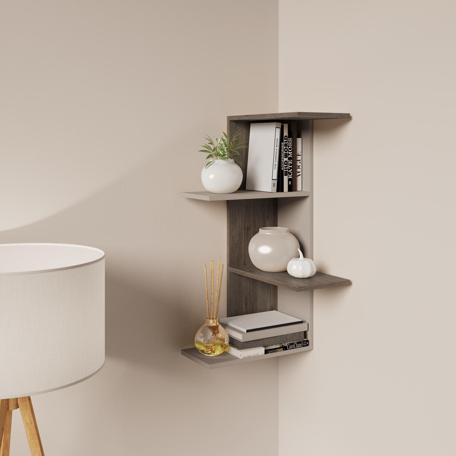 Mensola angolare 42x20 cm in legno rovere tortora e grigio - Kantiko