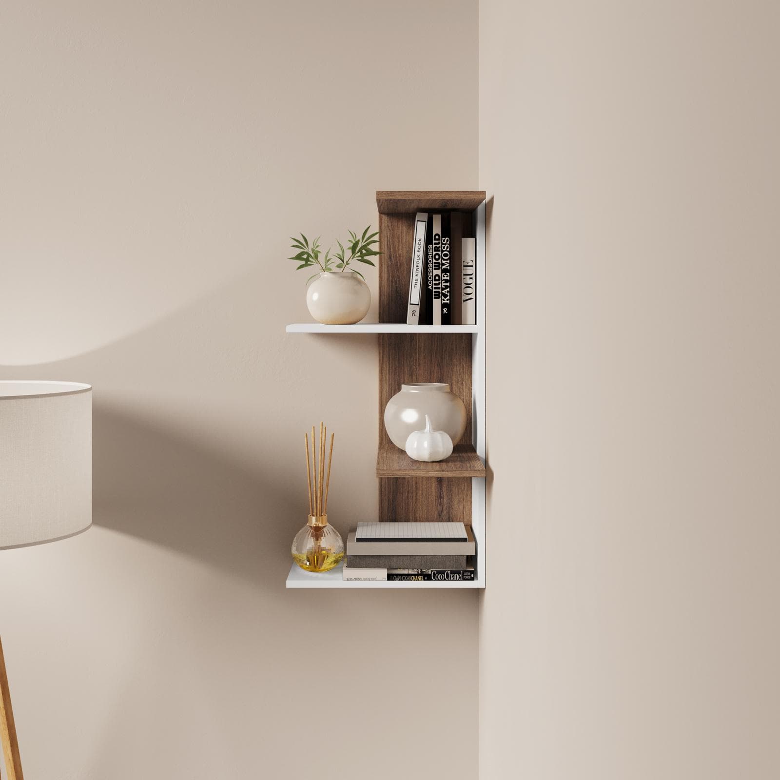 Mensola angolare 42x85h cm in legno bianco e rovere scuro - Kantiko