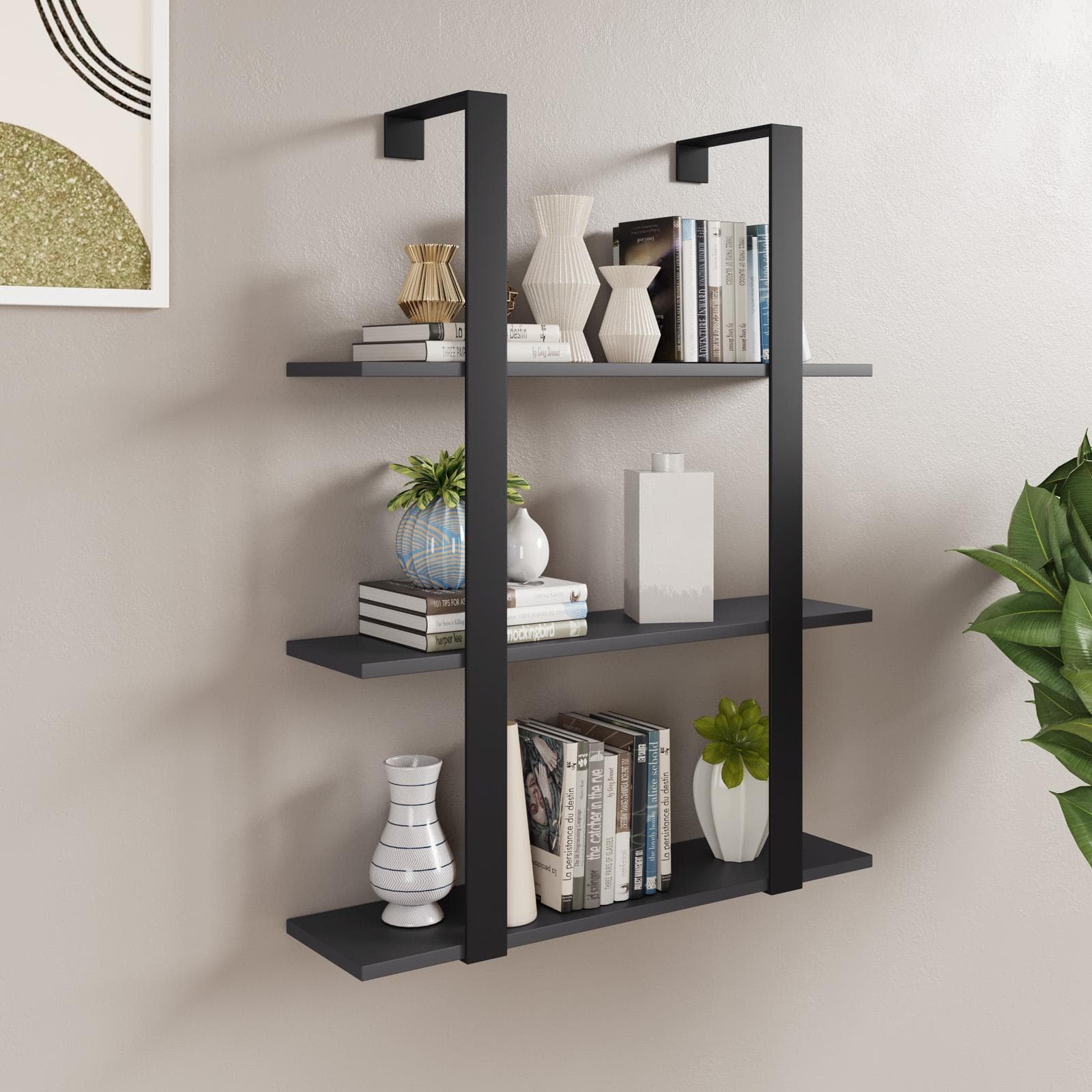 Libreria sospesa 70x90h cm in acciaio nero con mensole antracite - Multipla