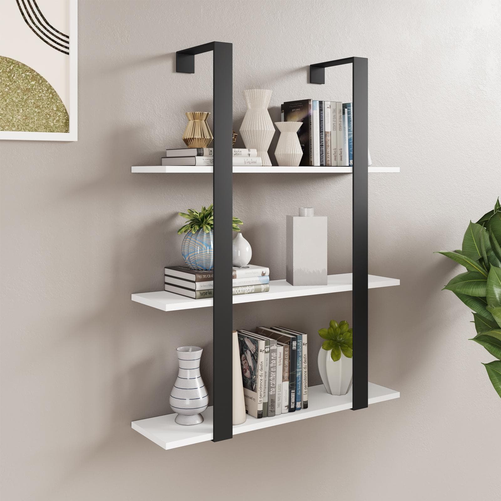 Libreria sospesa 70x90h cm in acciaio nero e mensole bianche - Multipla