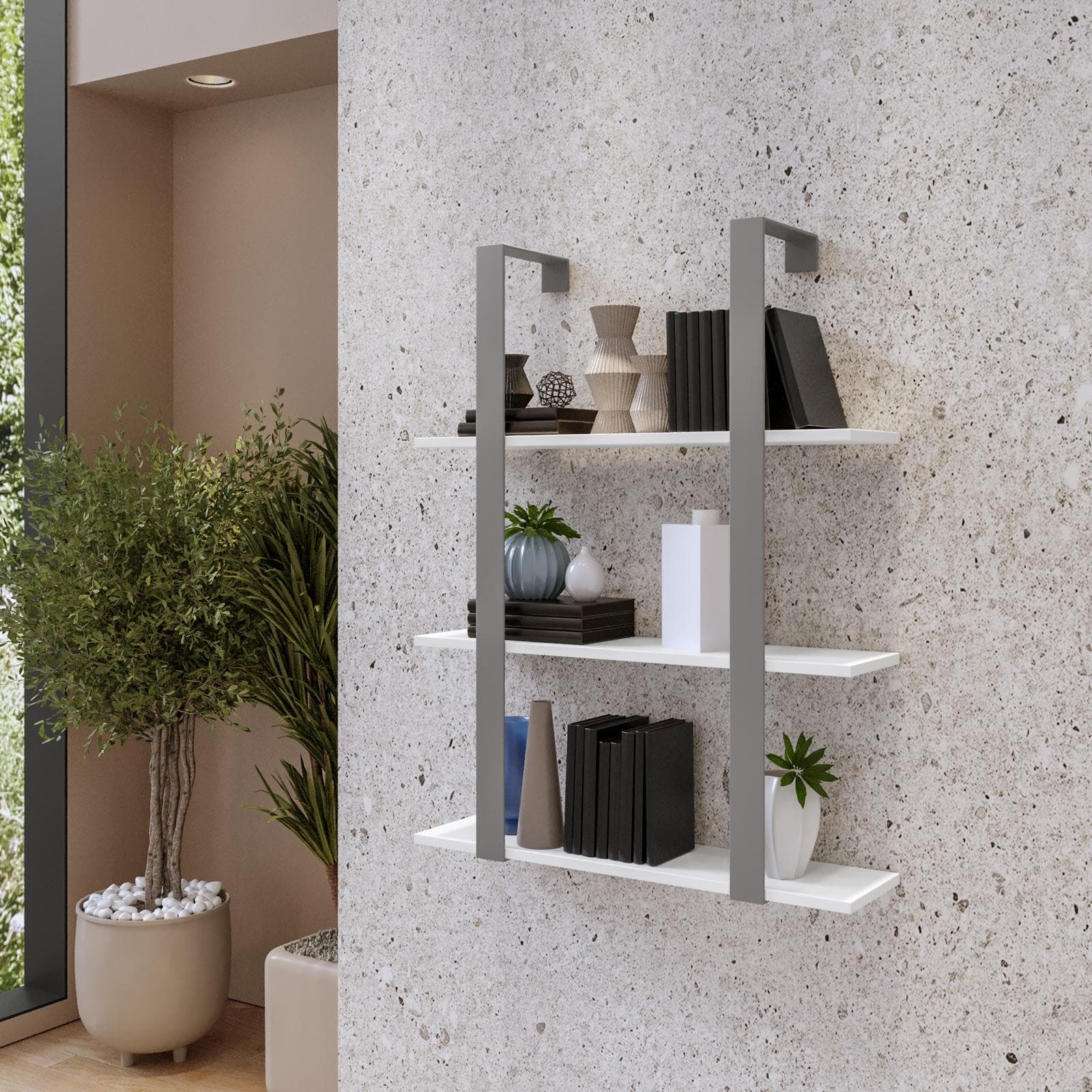 Libreria sospesa 70x90h cm in acciaio grigio con mensole bianche - Multipla