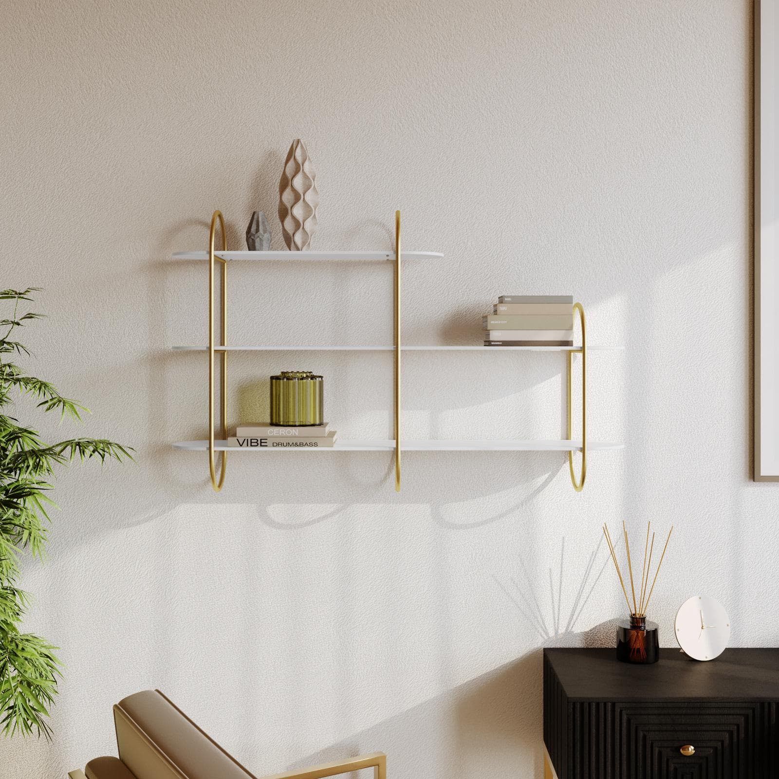 Mensola 80x15 cm in metallo oro e bianco con 3 ripiani - Clavis