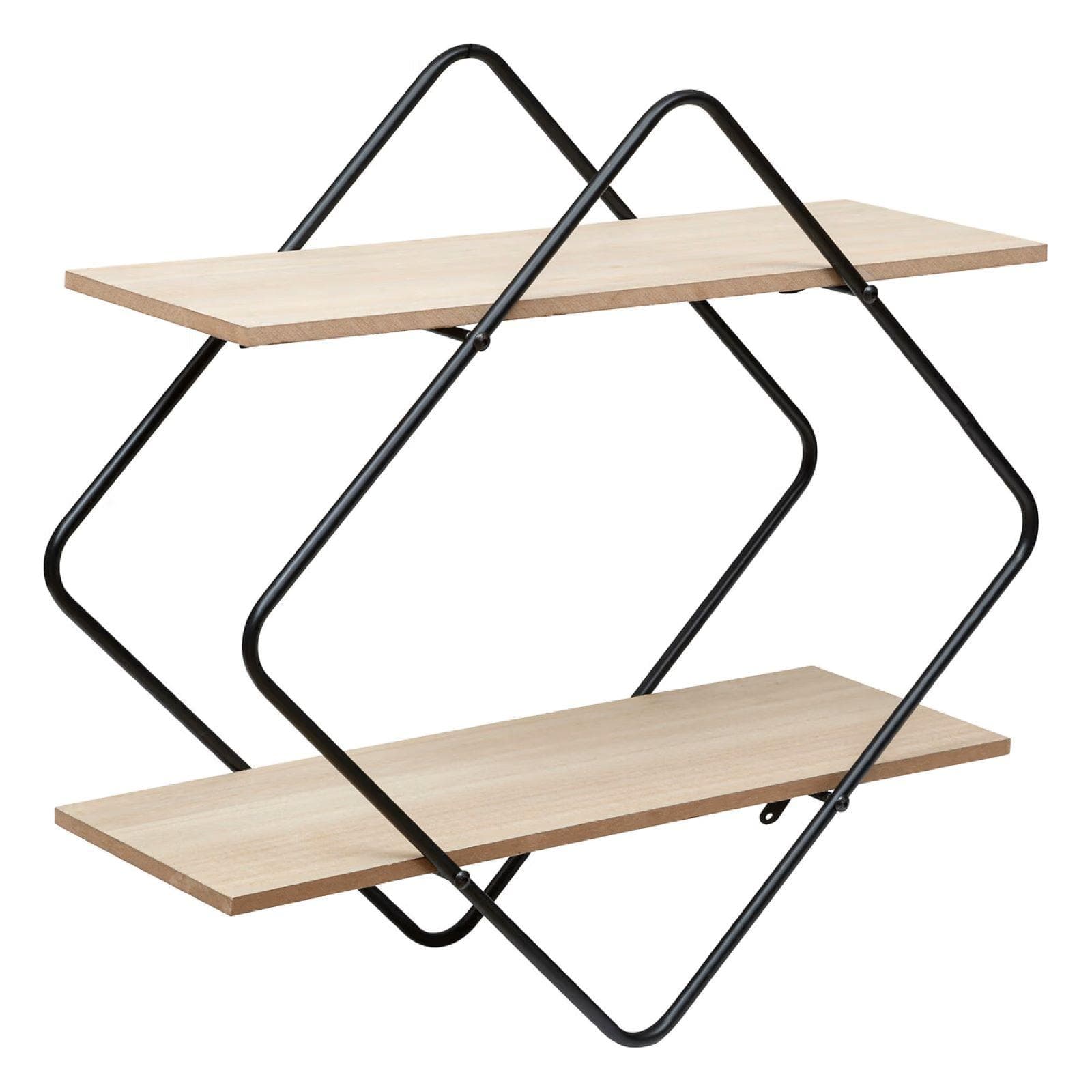 Mensola a muro 48 cm a rombo in metallo nero con 2 ripiani in legno