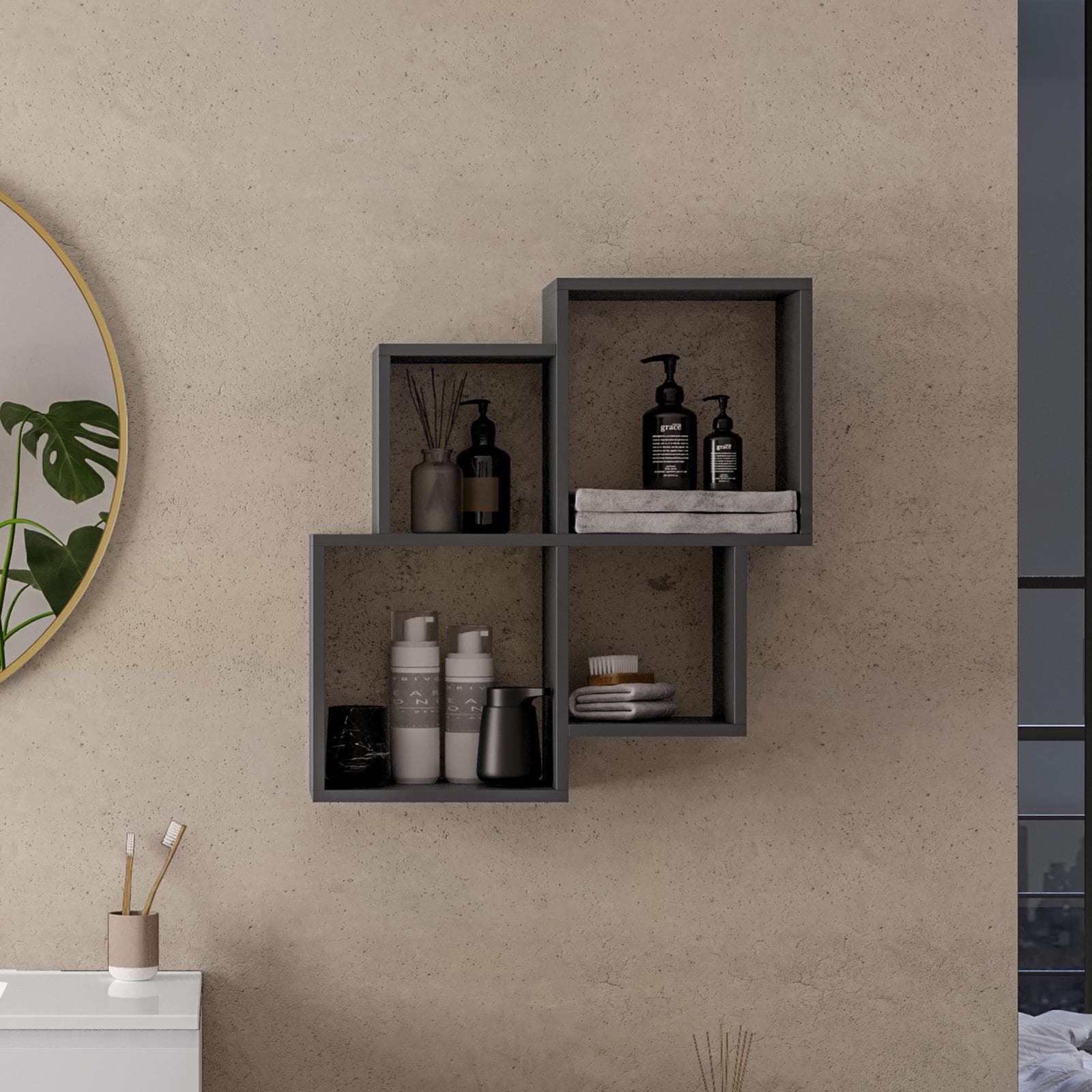 Mensola bagno 70x22 cm in legno antracite - Kantiko