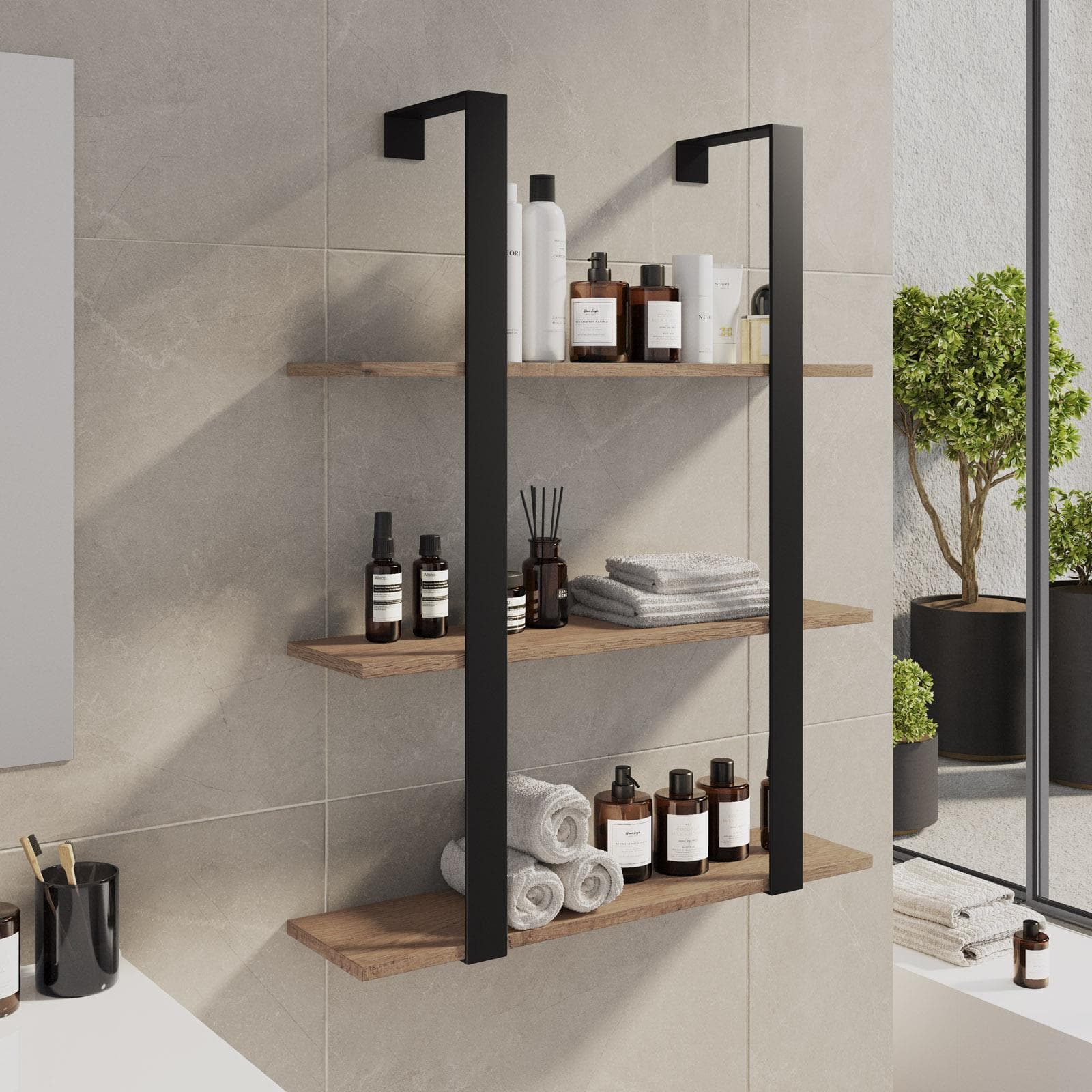 Mensola bagno 70x90 h cm in acciaio nero e mensole rovere - Multipla