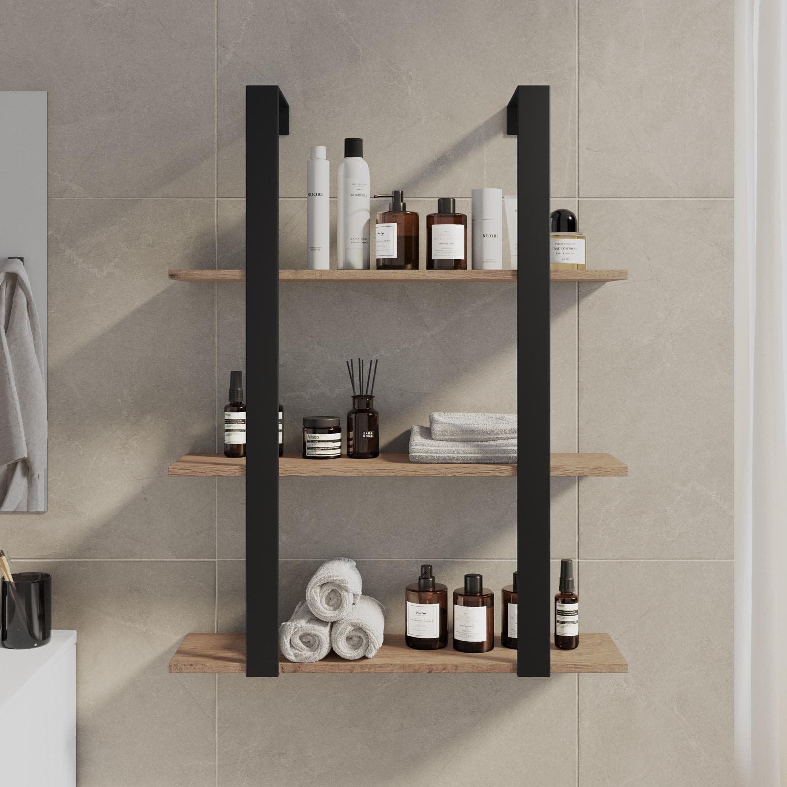 Mensola bagno 70x90 h cm in acciaio nero e mensole rovere - Multipla