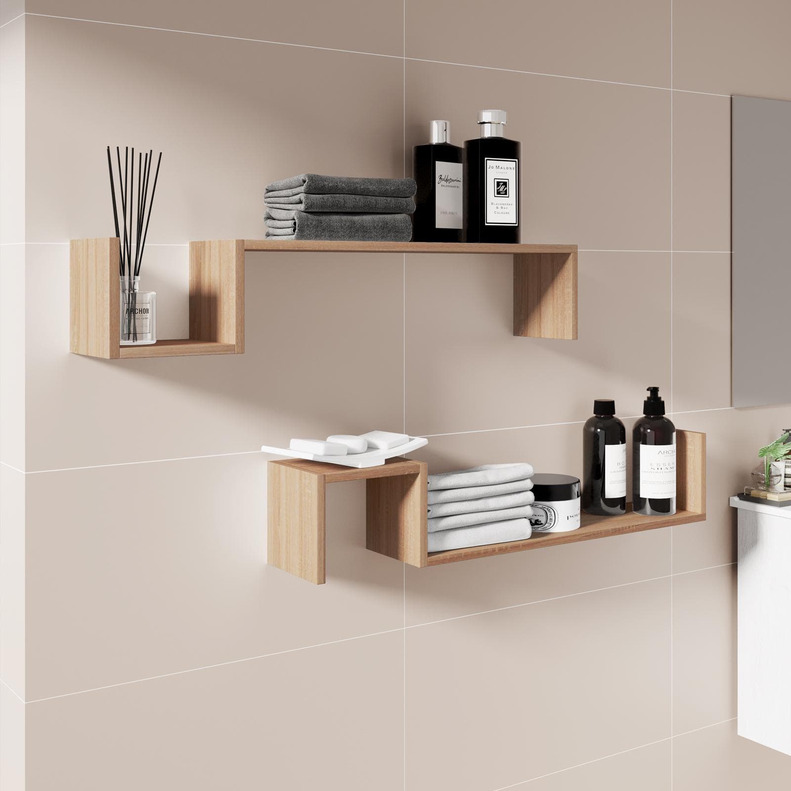 Set 2 mensole bagno 90x17,5 h cm in legno rovere - Tetris