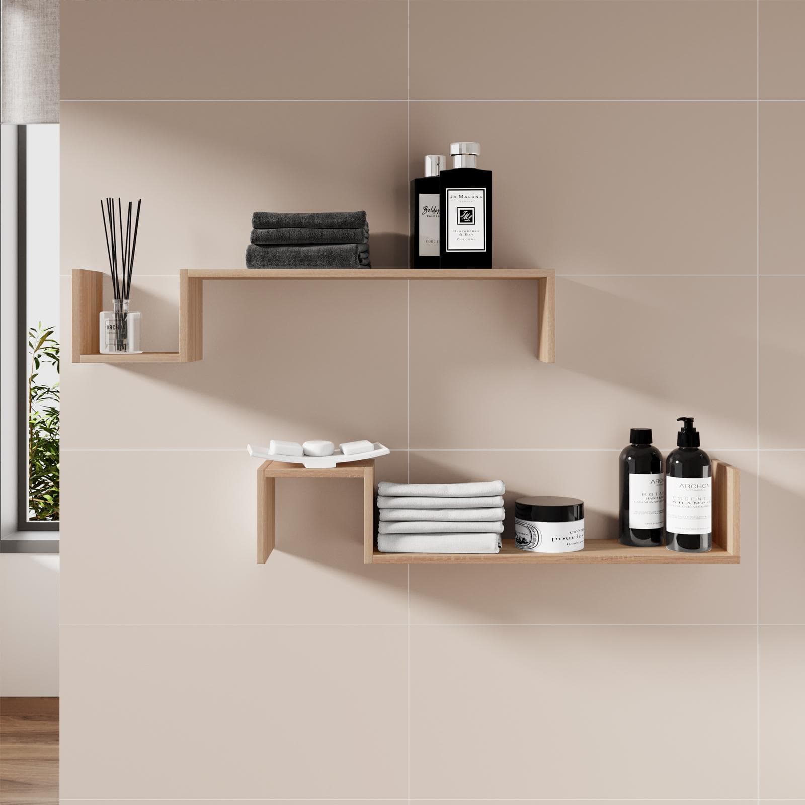 Set 2 mensole bagno 90x17,5 h cm in legno rovere - Tetris