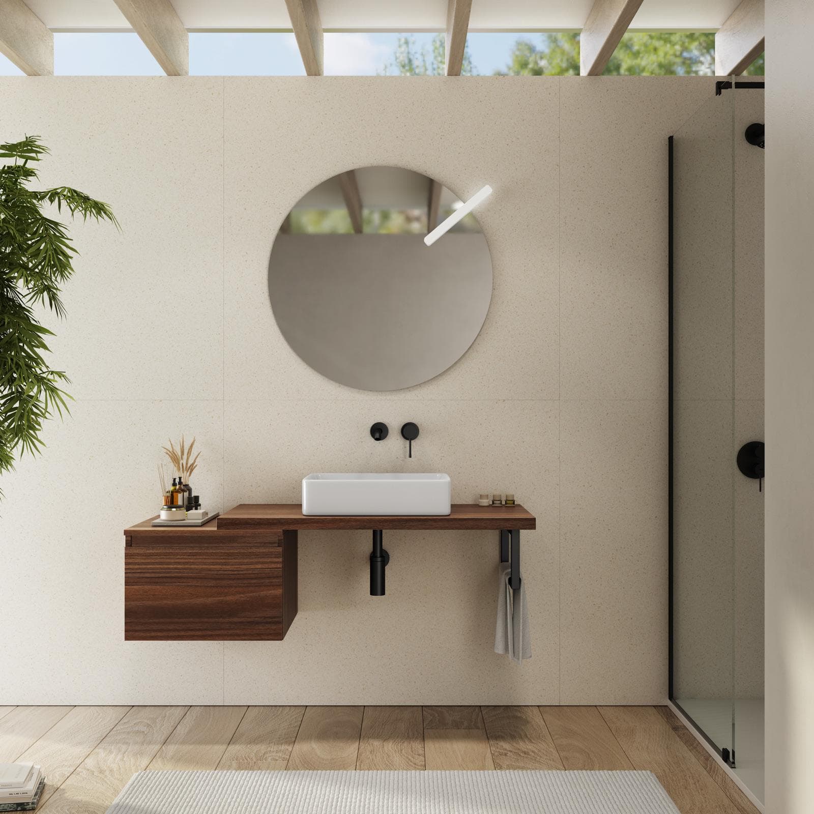 Mensolone bagno 100 cm con cassetto sospeso 50 cm in legno rovere deciso - Plain