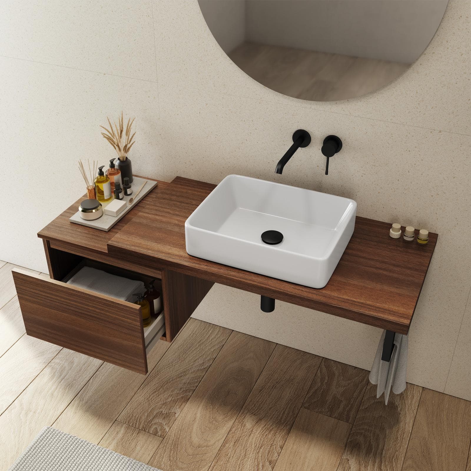 Mensolone bagno 100 cm con cassetto sospeso 50 cm in legno rovere deciso - Plain