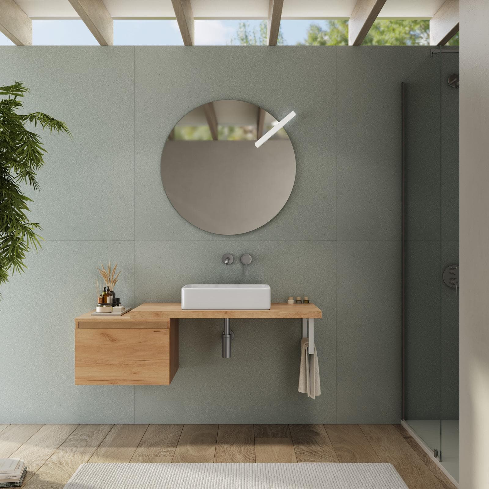 Mensolone bagno 100 cm con cassetto sospeso 50 cm in legno rovere gold - Plain