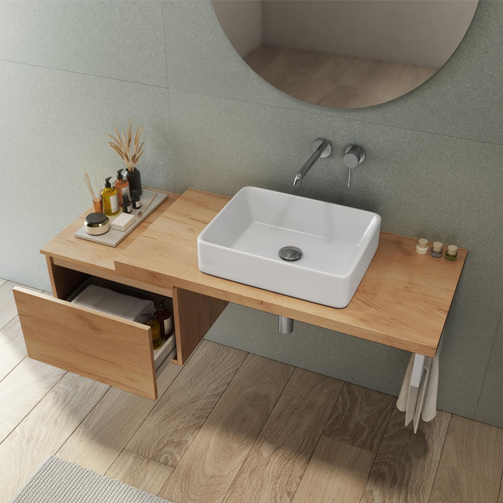 Mensolone bagno 100 cm con cassetto sospeso 50 cm in legno rovere gold - Plain