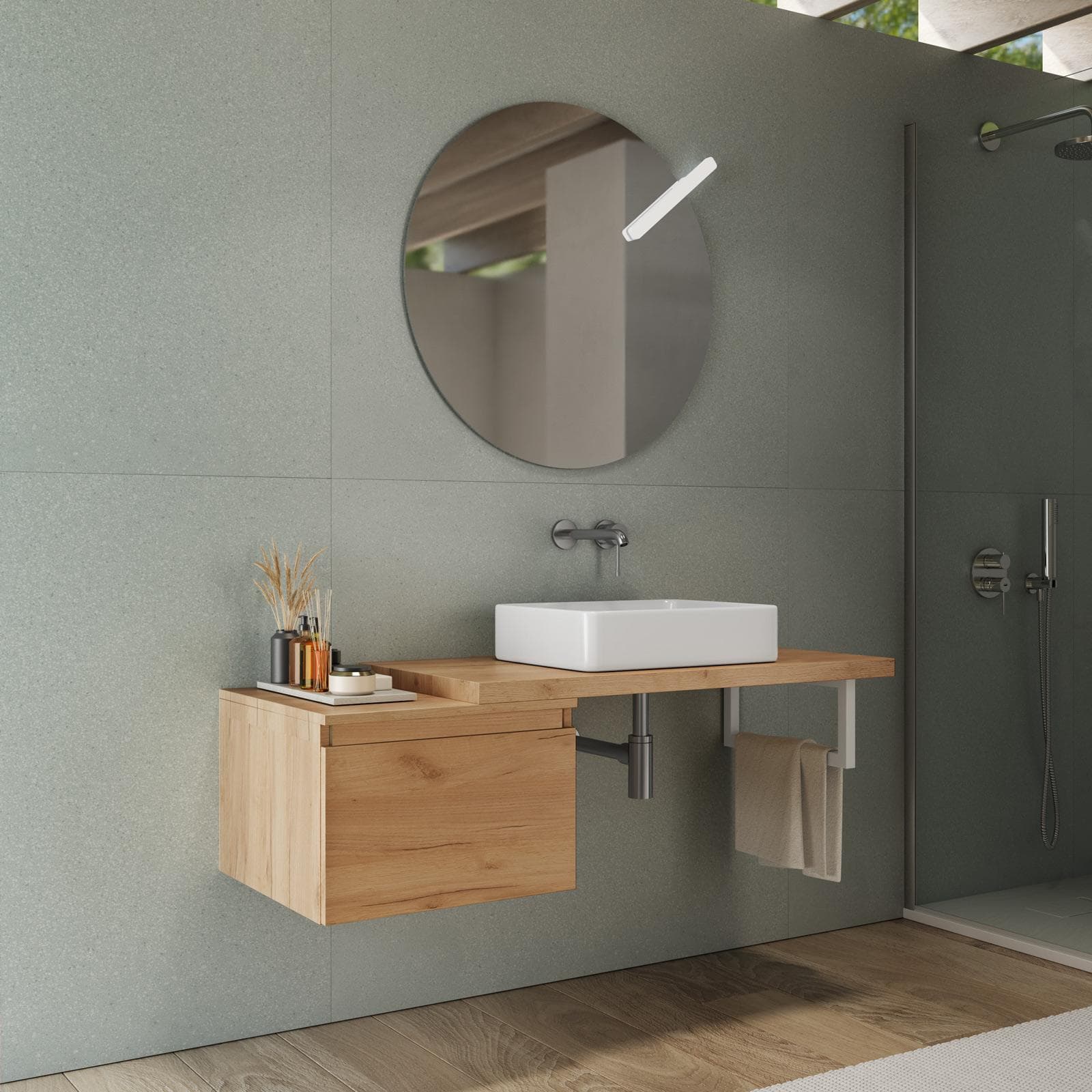 Mensolone bagno 110 cm con cassetto sospeso 50 cm in legno rovere gold - Plain