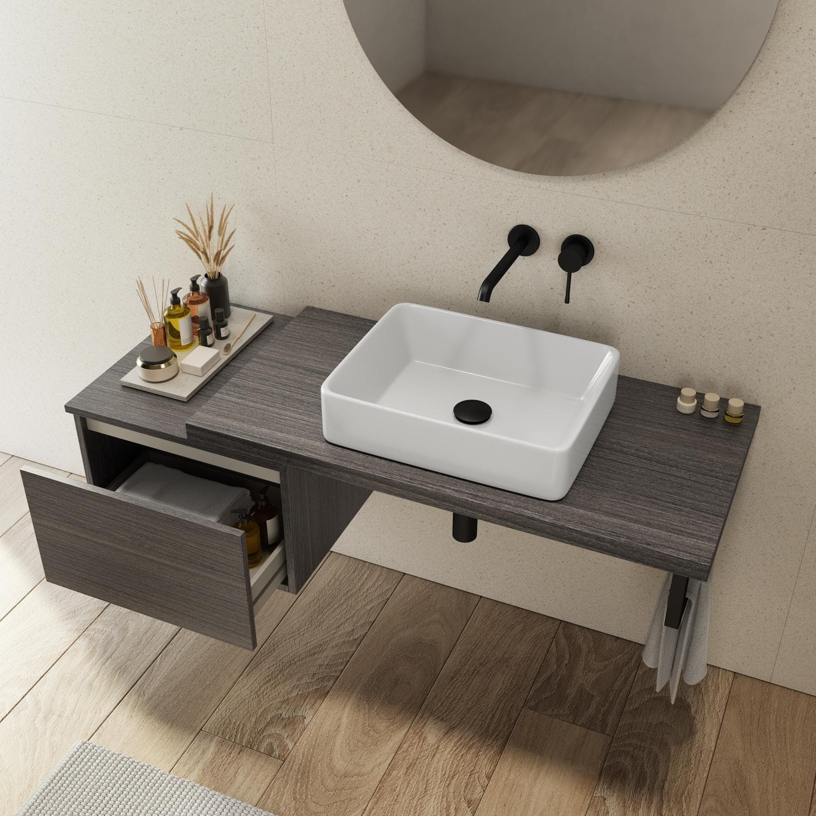Mensolone bagno 110 cm con cassetto sospeso 50 cm in legno rovere grigio - Plain