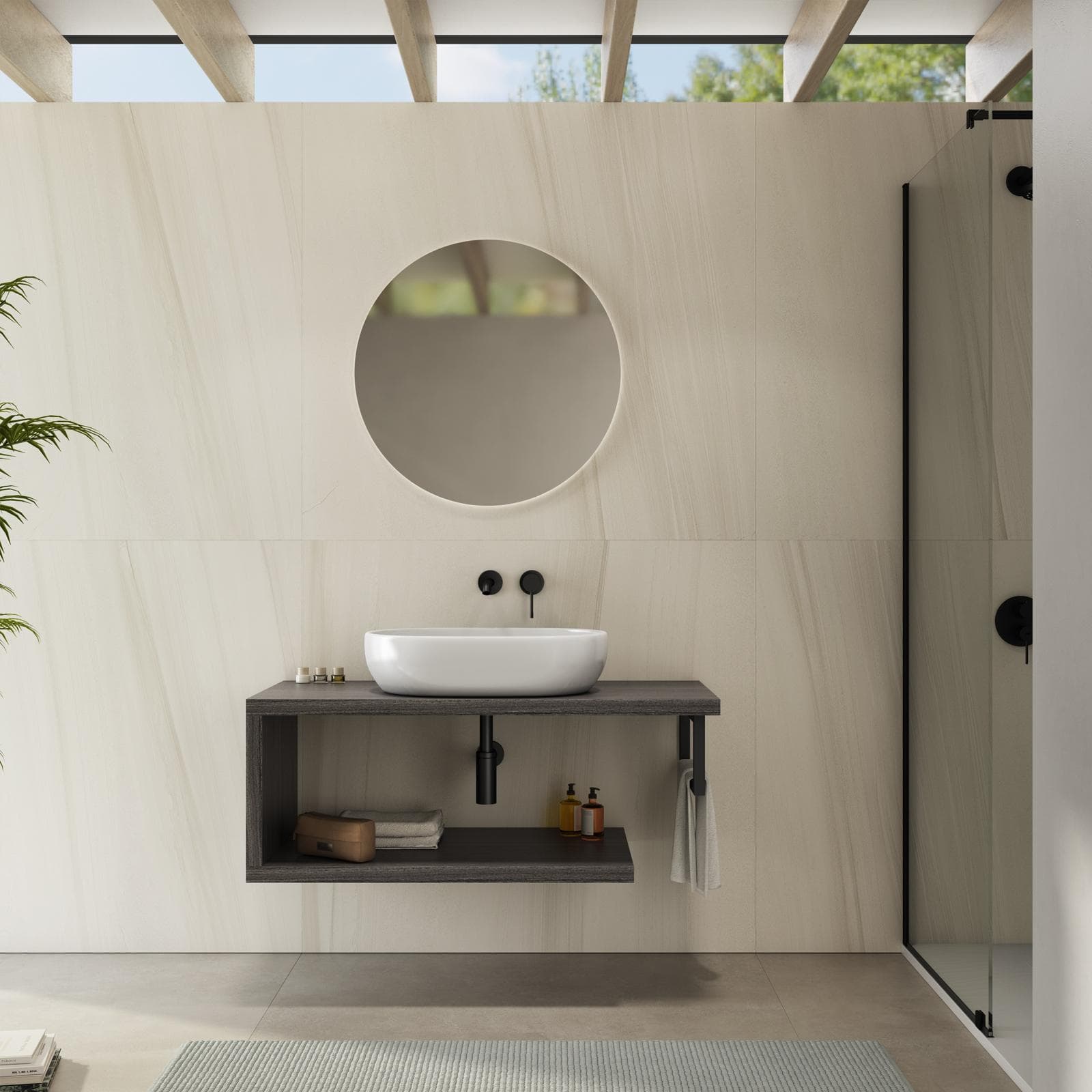 Mensolone bagno 110 cm con ripiano in legno rovere grigio e portasalviette nero opaco - Plain