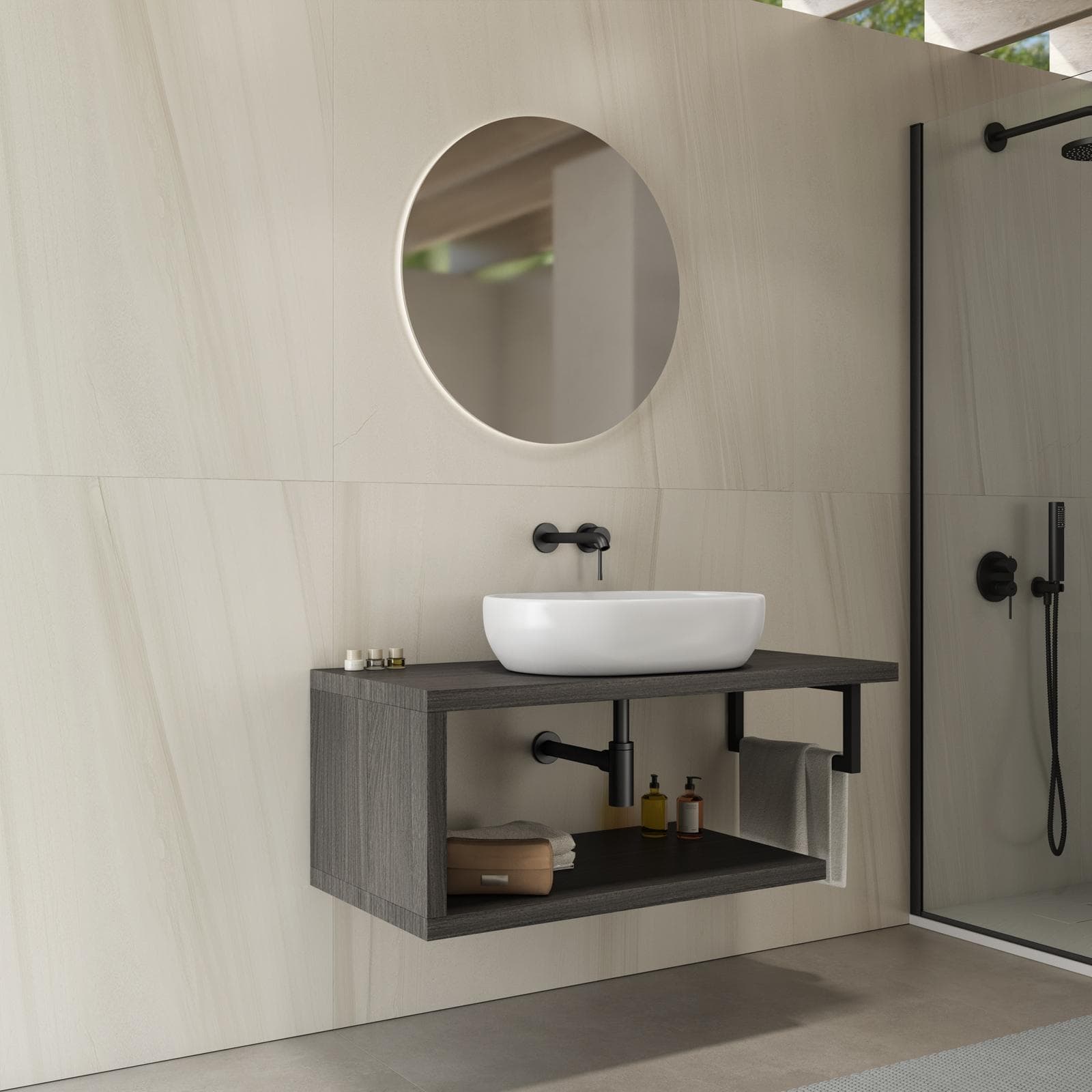 Mensolone bagno 110 cm con ripiano in legno rovere grigio e portasalviette nero opaco - Plain
