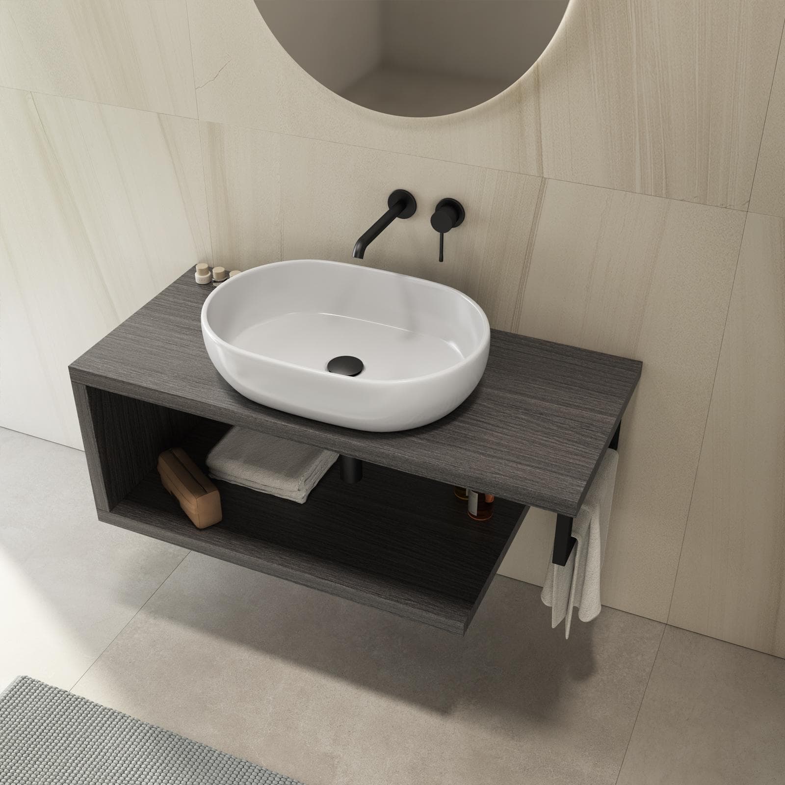 Mensolone bagno 110 cm con ripiano in legno rovere grigio e portasalviette nero opaco - Plain