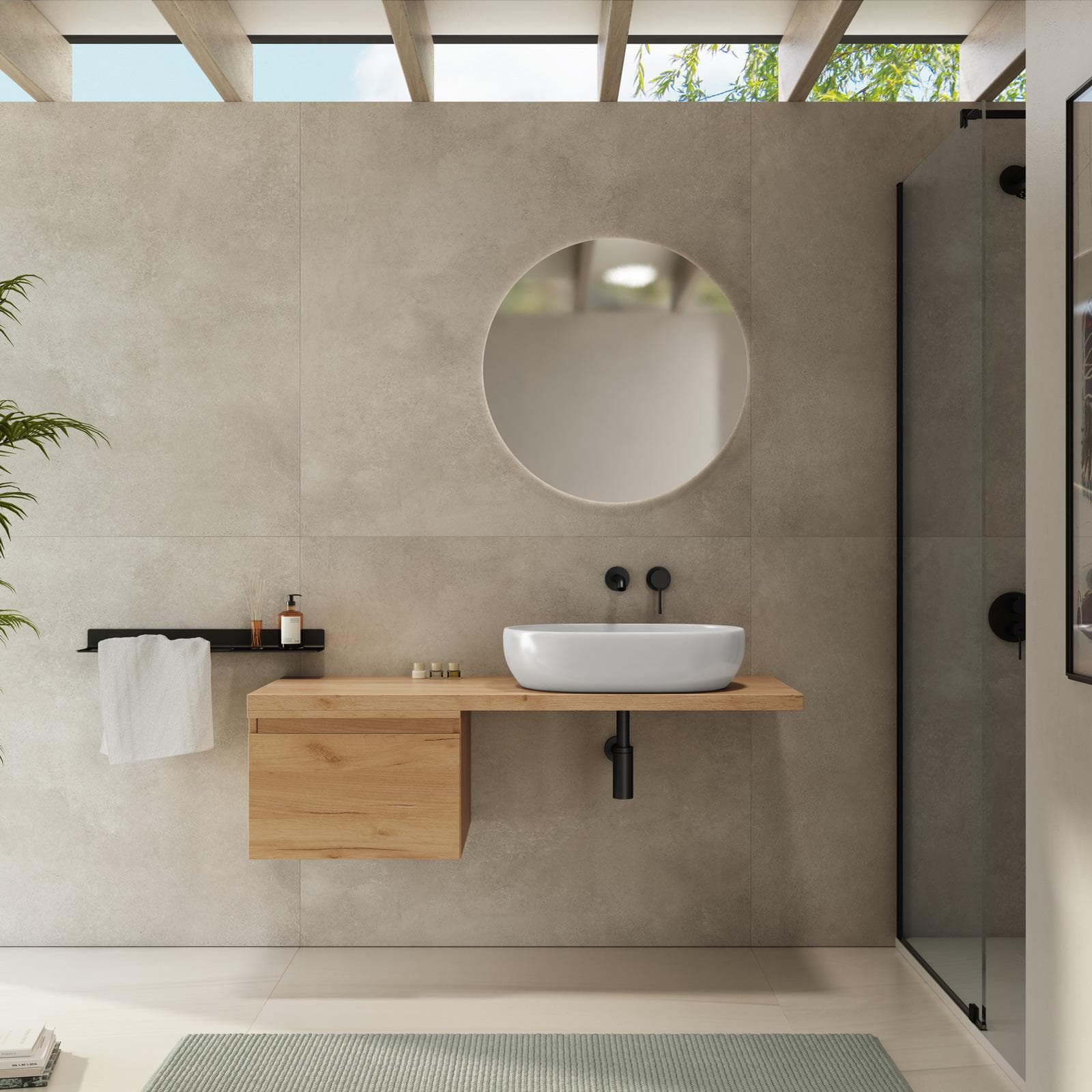 Mensolone bagno 120 cm con cassetto sospeso 50 cm in legno rovere gold - Plain