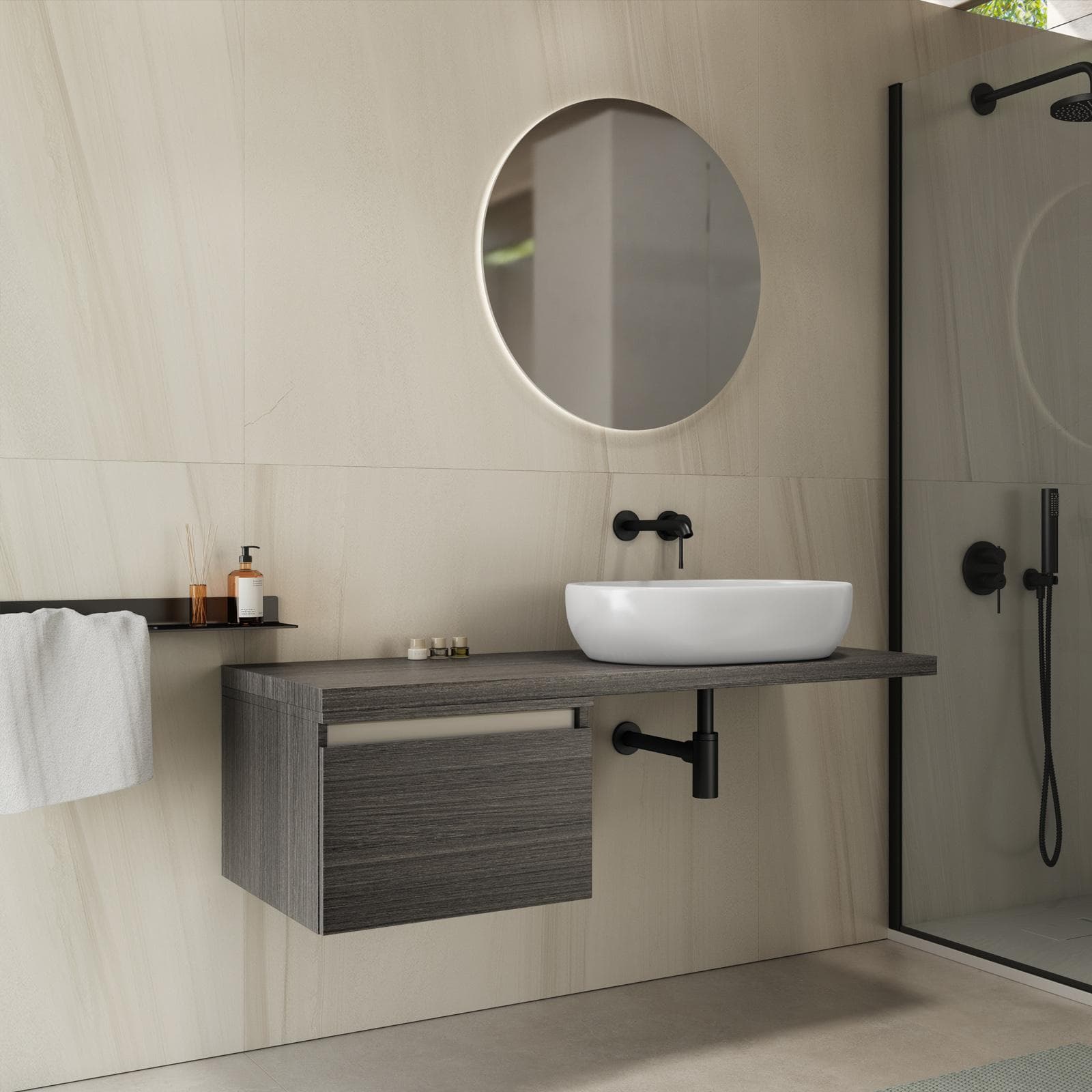 Mensolone bagno 120 cm con cassetto sospeso 50 cm in legno rovere grigio - Plain