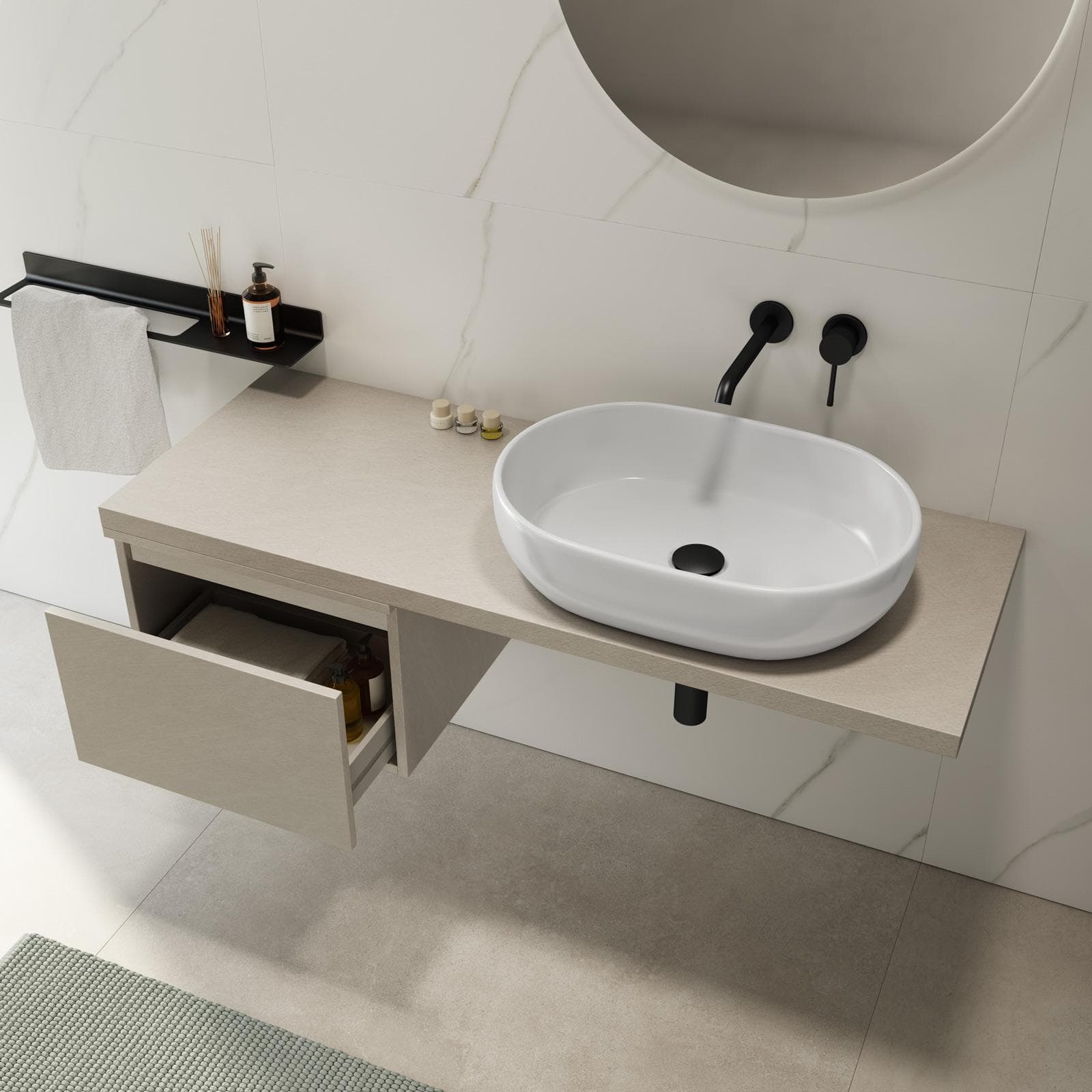 Mensolone bagno 140 cm con cassetto sospeso 50 cm in legno argilla - Plain