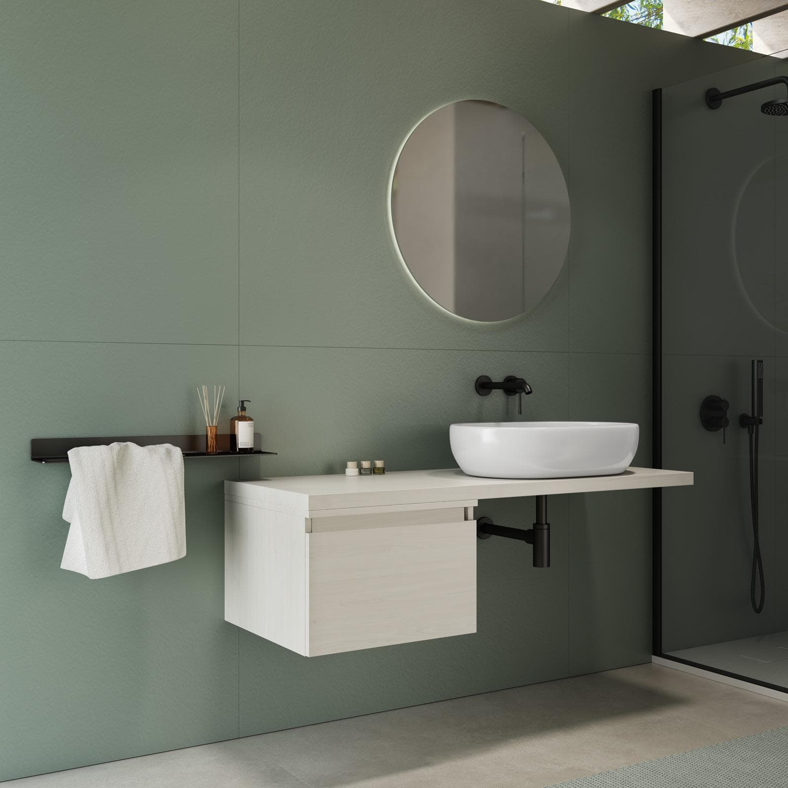 Mensolone bagno 140 cm con cassetto sospeso 50 cm in legno rovere bianco - Plain