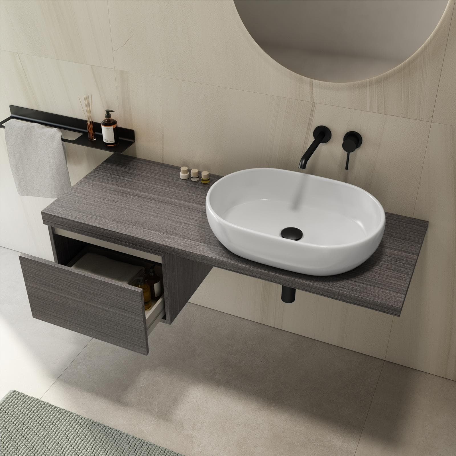 Mensolone bagno 140 cm con cassetto sospeso 50 cm in legno rovere grigio - Plain