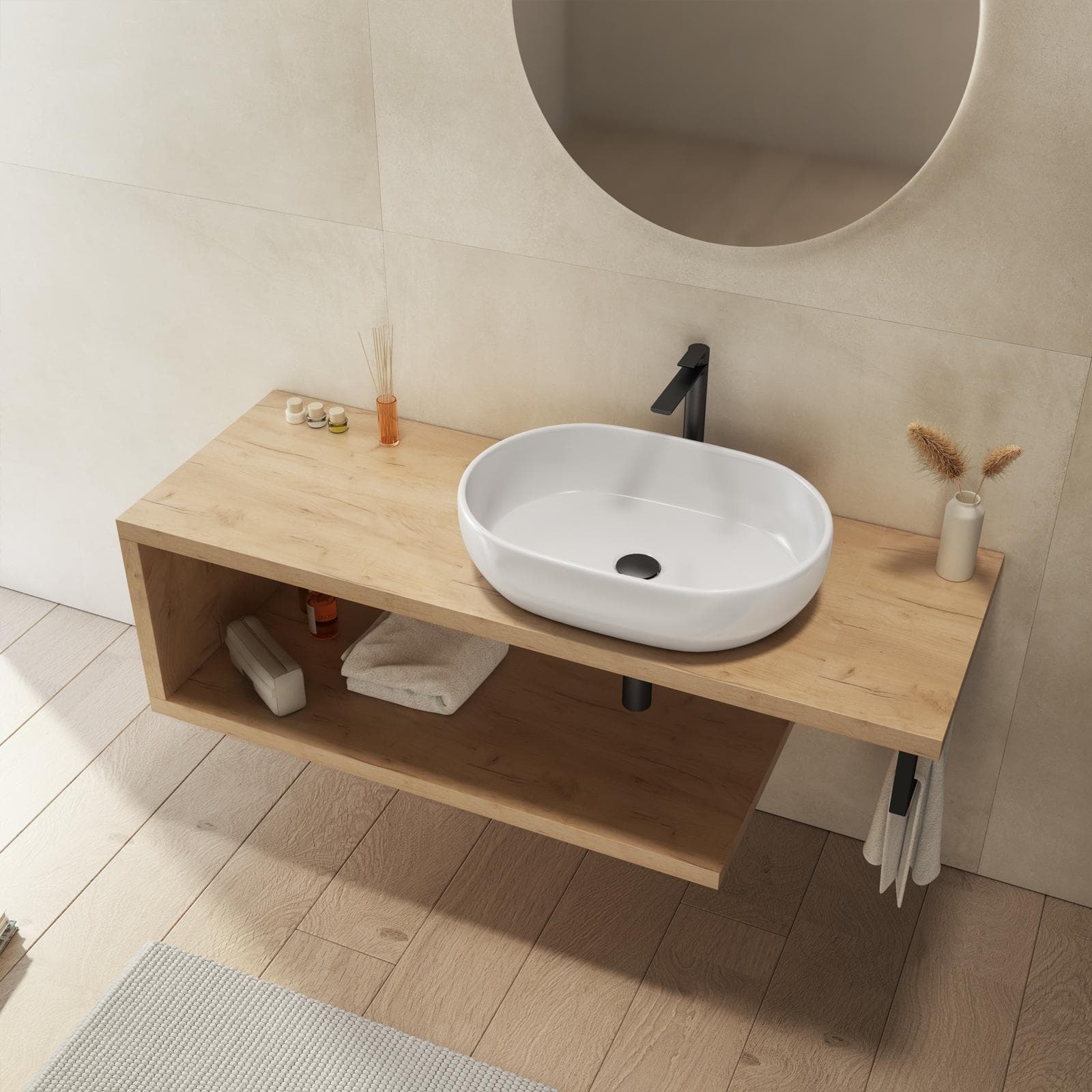 Mensolone bagno 140 cm con ripiano in legno rovere gold e portasalviette nero opaco - Plain