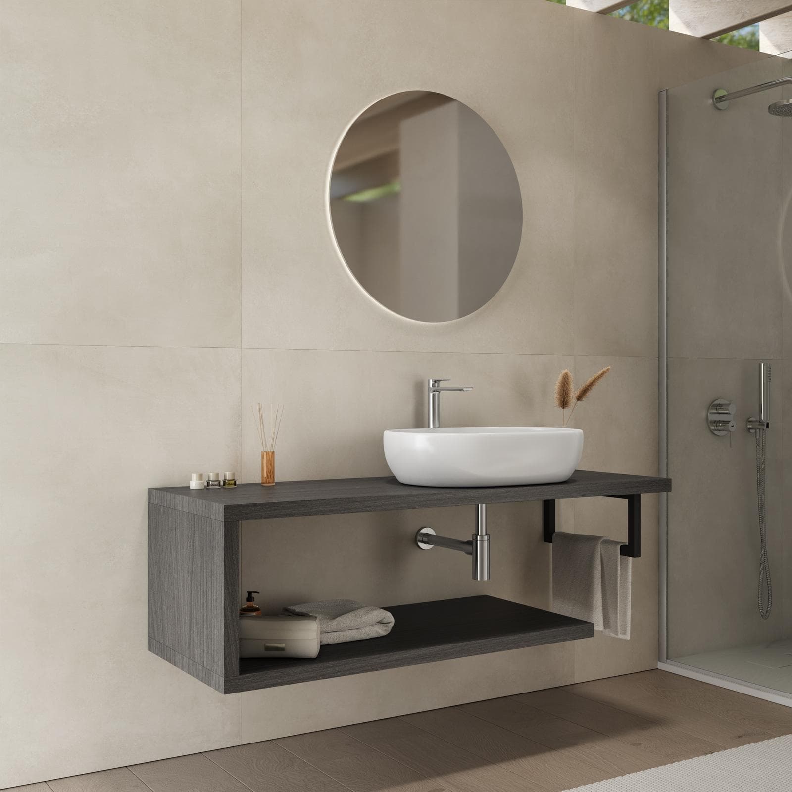 Mensolone bagno 140 cm con ripiano in legno rovere grigio e portasalviette nero opaco - Plain