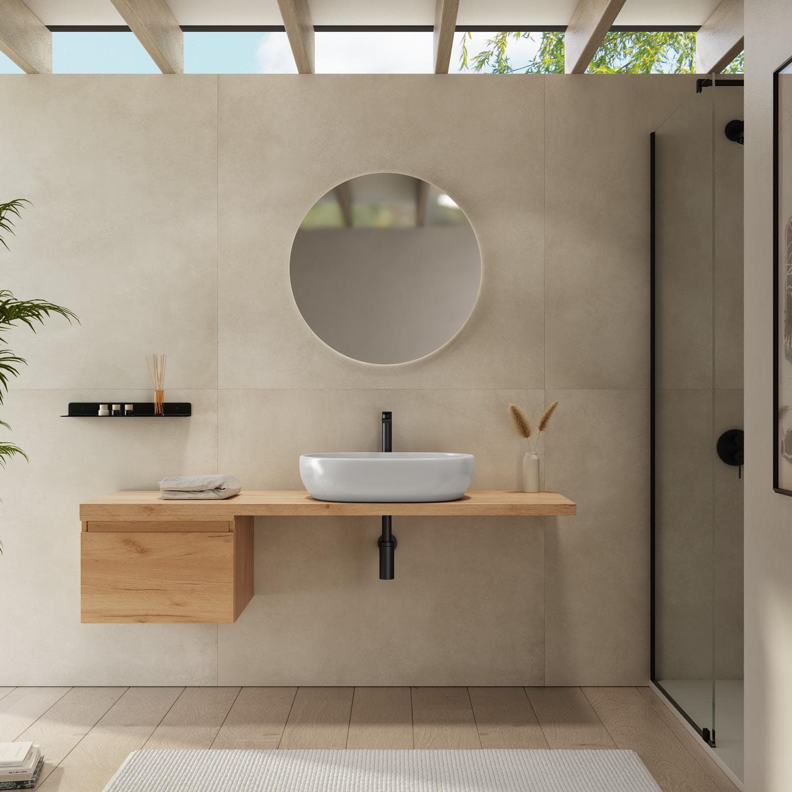 Mensolone bagno 150 cm con cassetto sospeso 50 cm in legno rovere gold - Plain