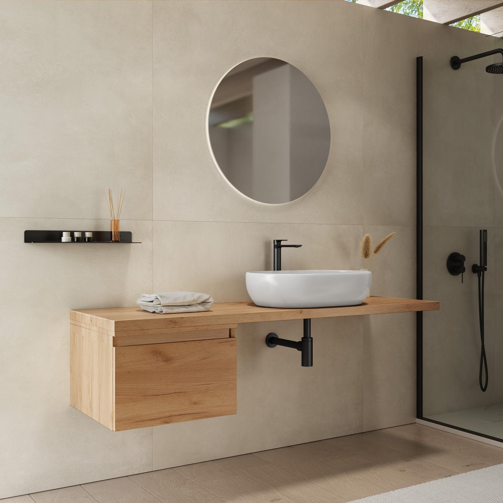 Mensolone bagno 150 cm con cassetto sospeso 50 cm in legno rovere gold - Plain