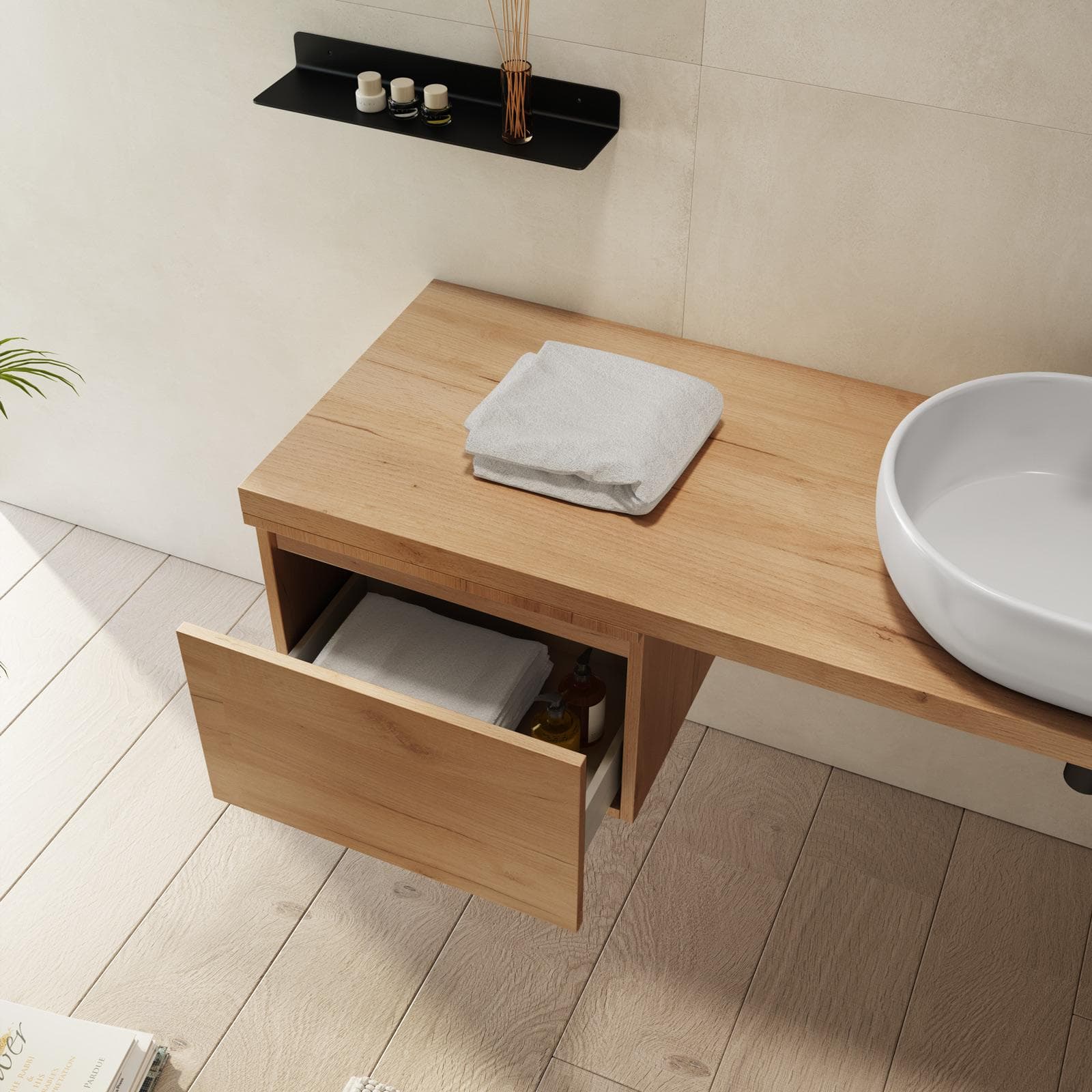 Mensolone bagno 150 cm con cassetto sospeso 50 cm in legno rovere gold - Plain