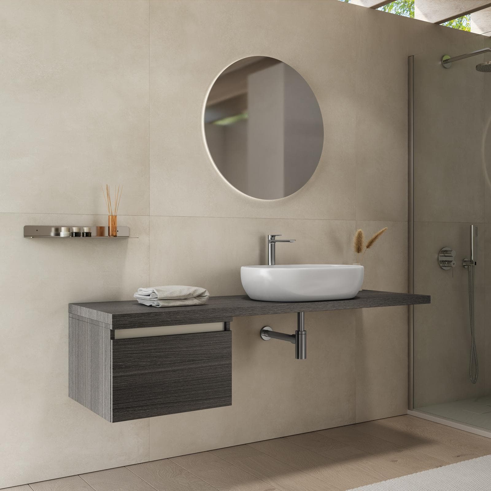 Mensolone bagno 150 cm con cassetto sospeso 50 cm in legno rovere grigio - Plain